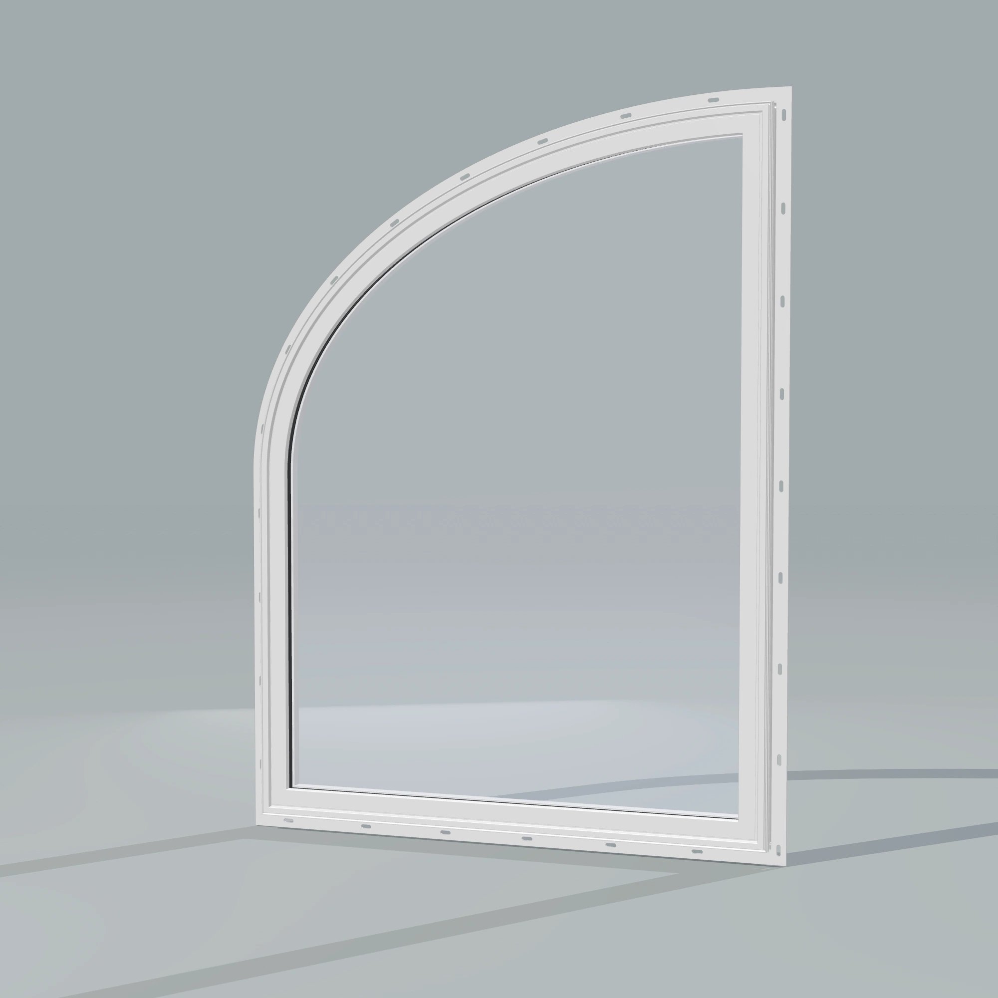Opposite exterior angle of the 36 × 48 inch raised partial ellipse (left), white exterior / white interior, with nailing flange