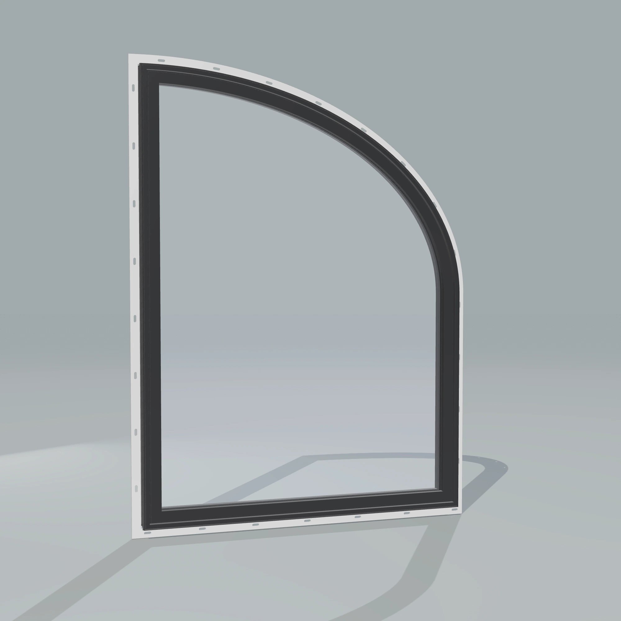 Angled exterior configurator view of the 36 × 48 inch raised partial ellipse (right), black exterior / black interior, with nailing flange