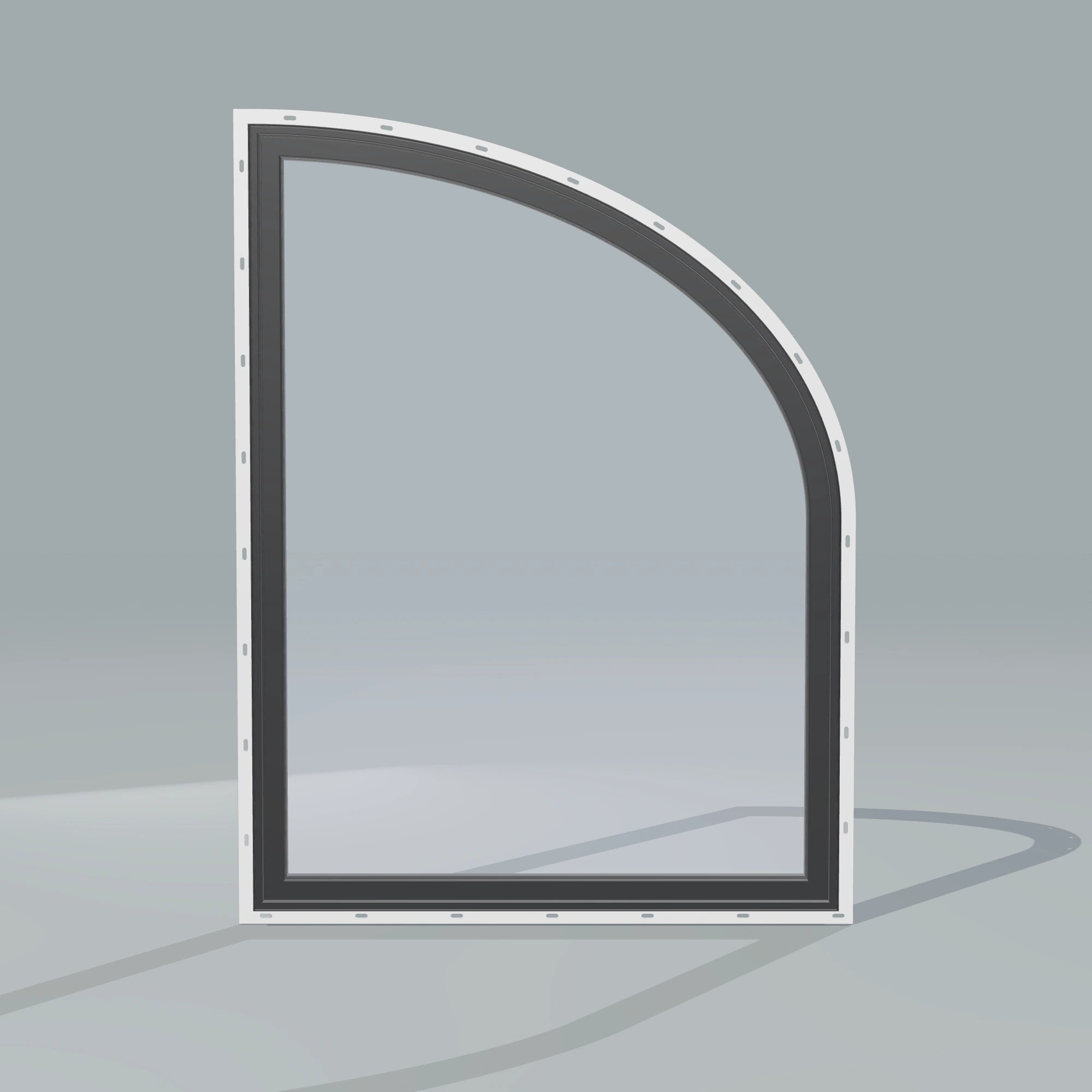 Straight exterior view of the 36 × 48 inch raised partial ellipse (right), black exterior / black interior, with nailing flange