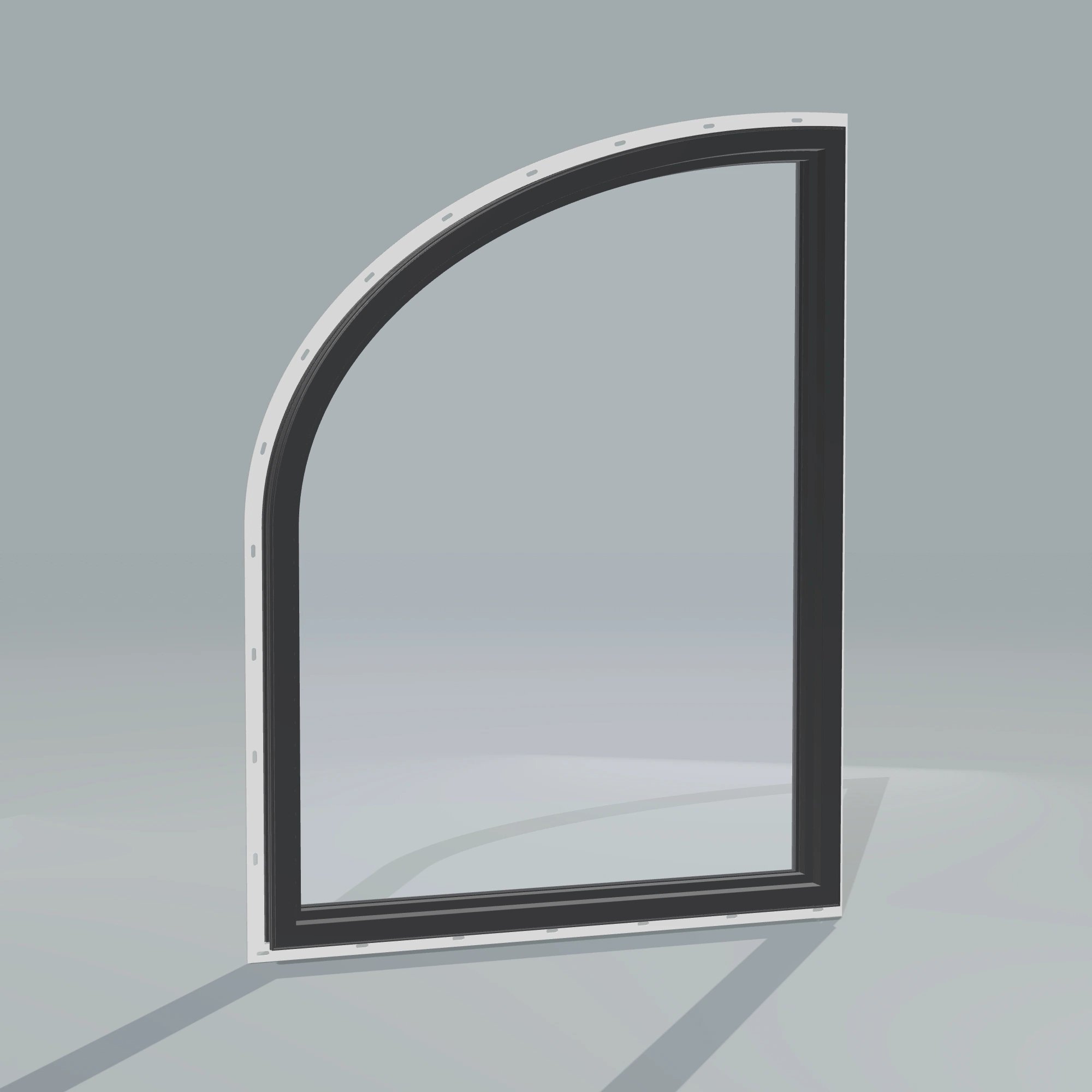Angled interior view of the 36 × 48 inch raised partial ellipse (right), black exterior / black interior, with nailing flange