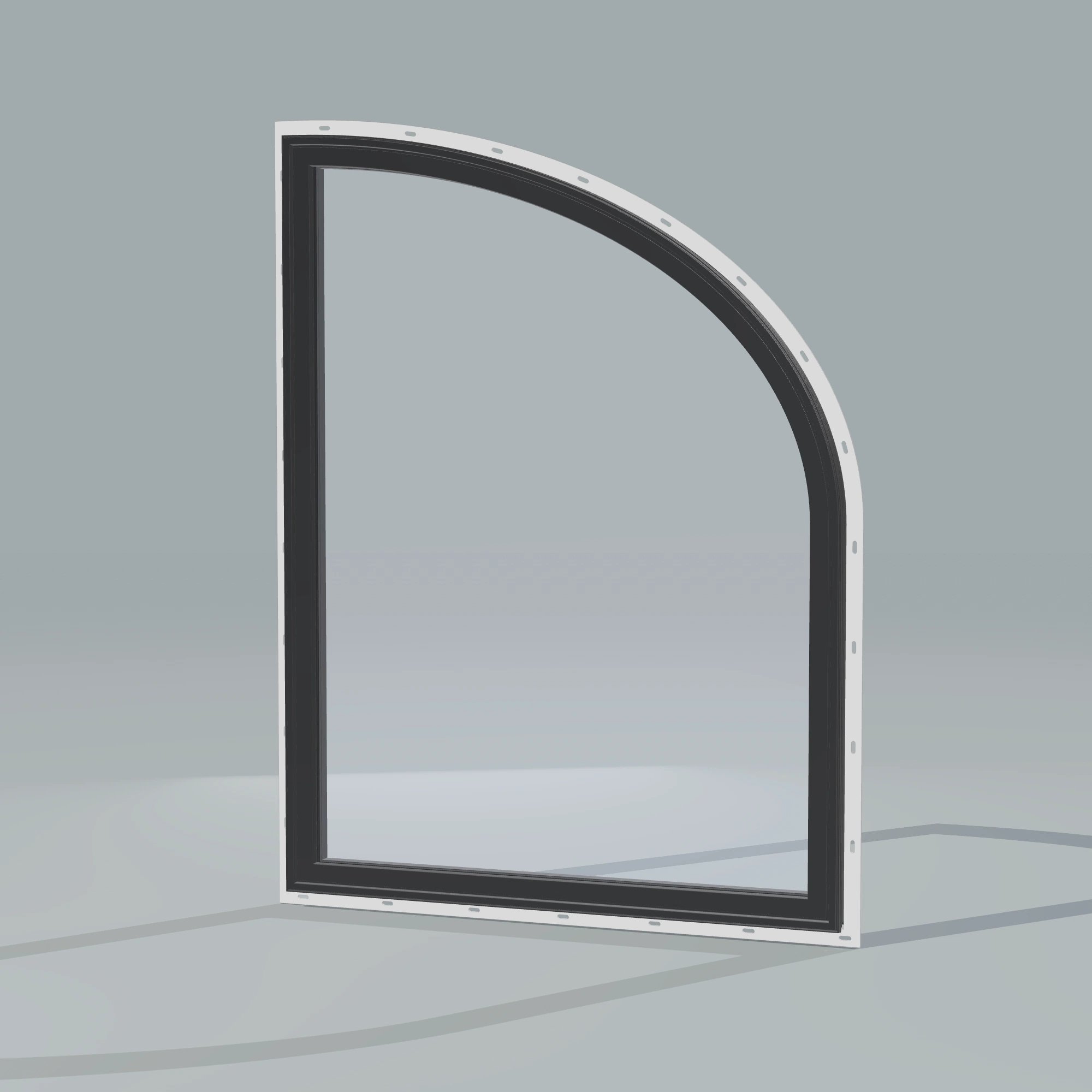 Opposite exterior angle of the 36 × 48 inch raised partial ellipse (right), black exterior / black interior, with nailing flange
