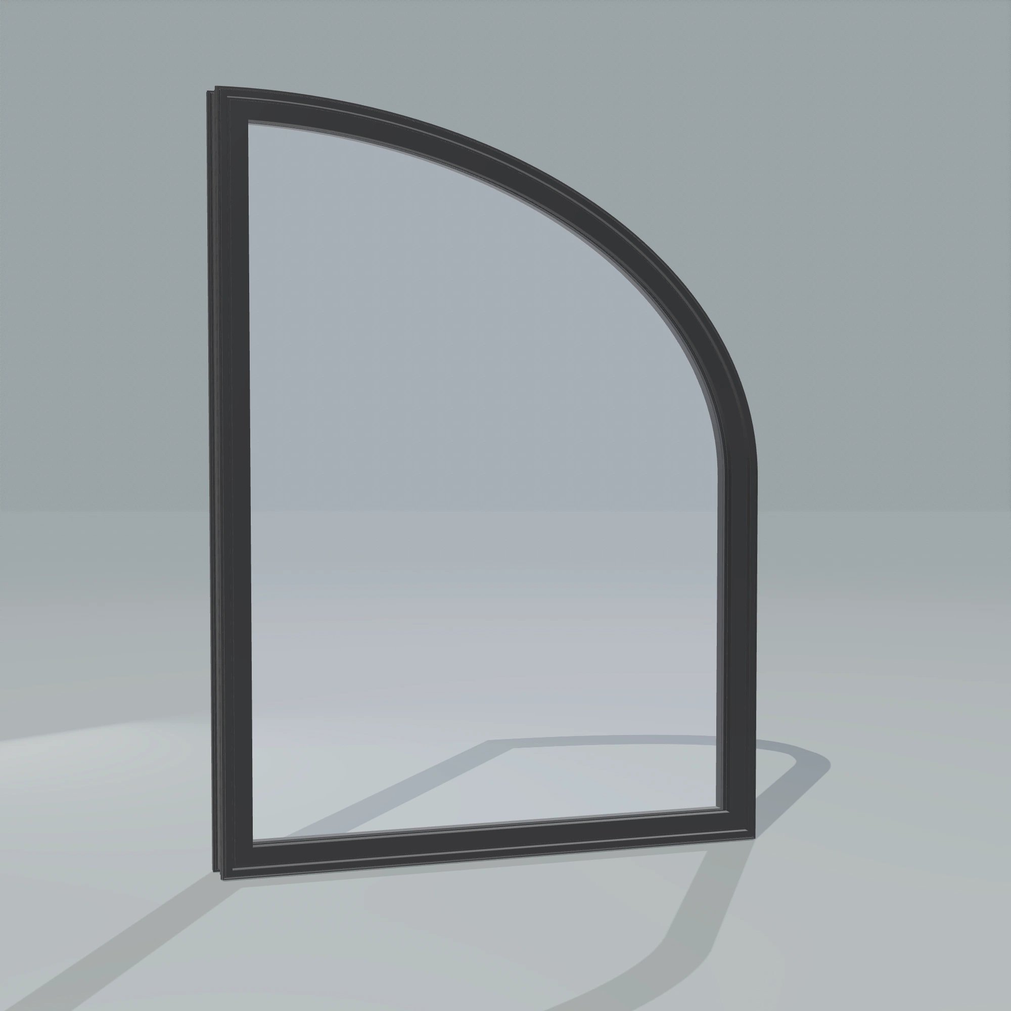 Angled exterior configurator view of the 36 × 48 inch raised partial ellipse (right), black exterior / black interior, without nailing flange
