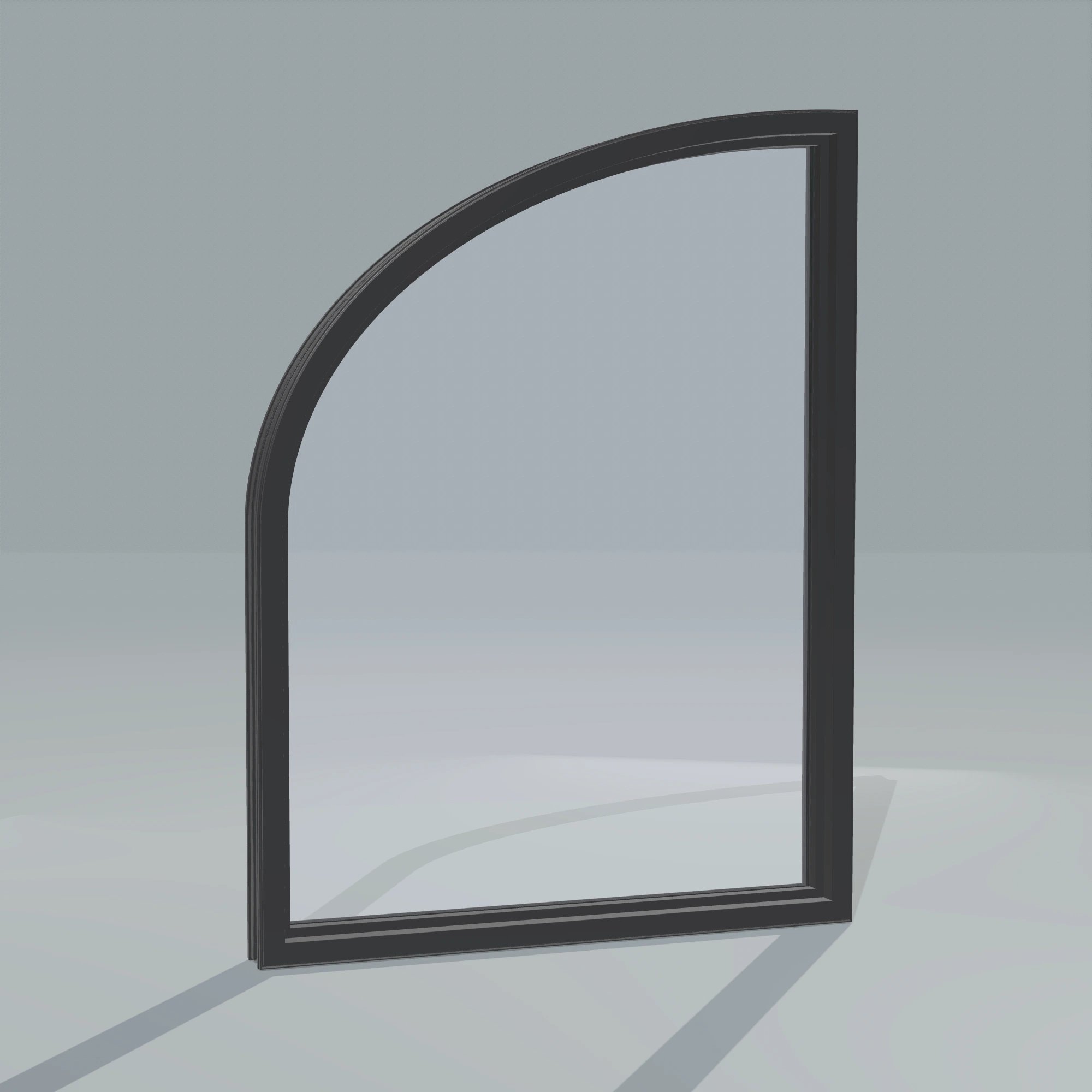 Angled interior view of the 36 × 48 inch raised partial ellipse (right), black exterior / black interior, without nailing flange