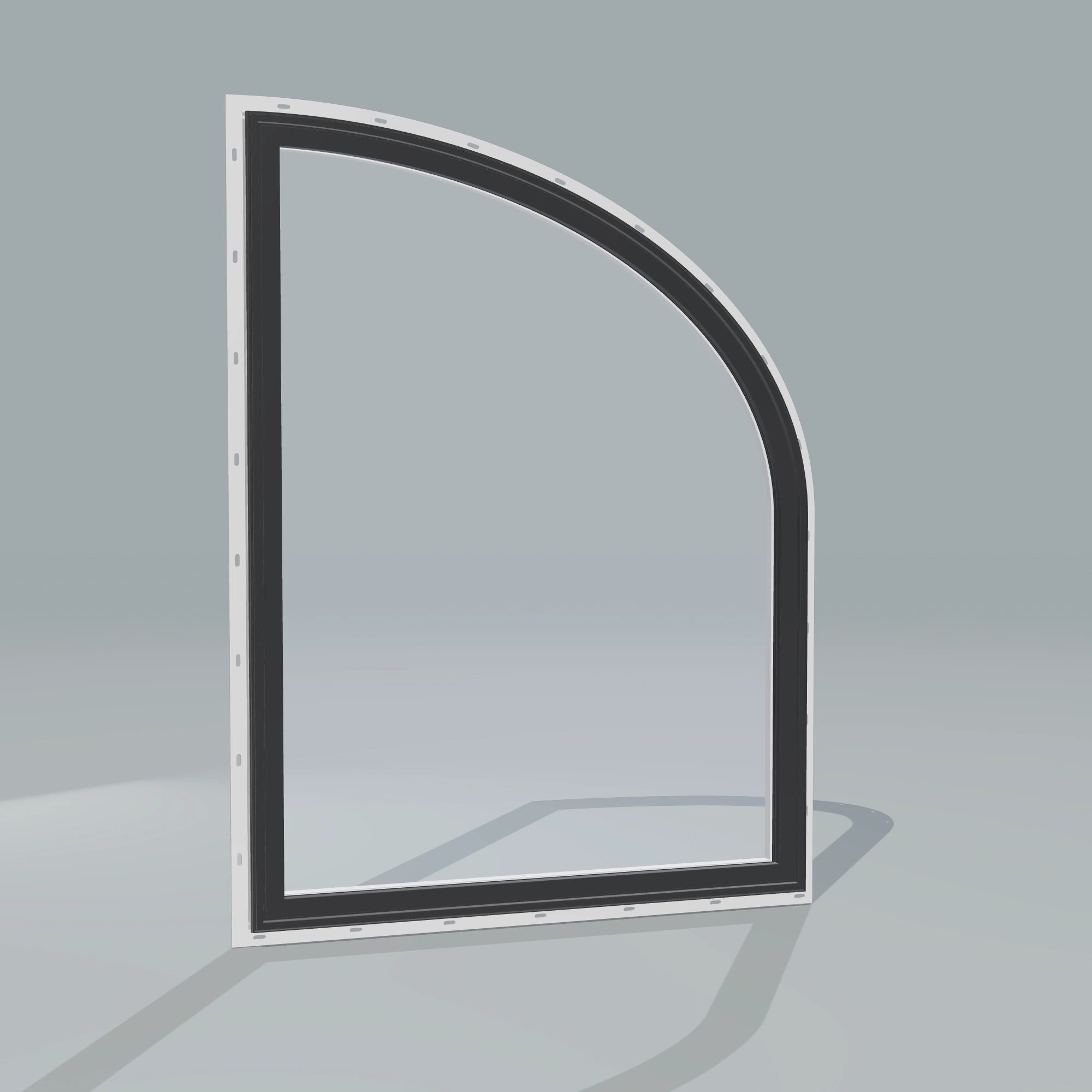 Angled exterior configurator view of the 36 × 48 inch raised partial ellipse (right), black exterior / white interior, with nailing flange