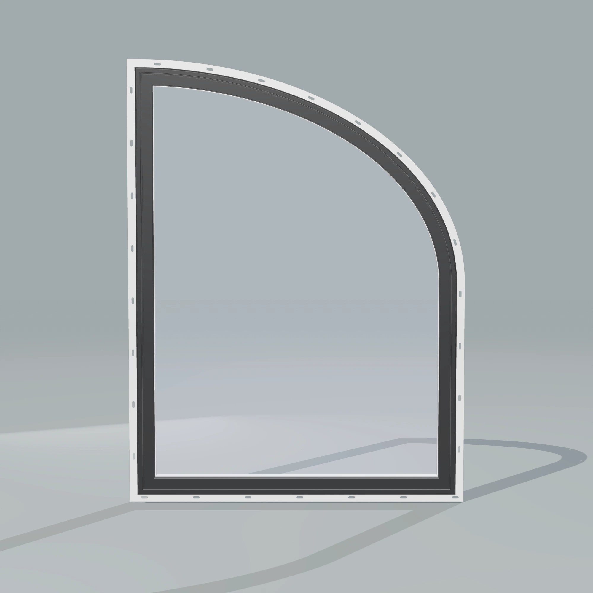 Straight exterior view of the 36 × 48 inch raised partial ellipse (right), black exterior / white interior, with nailing flange