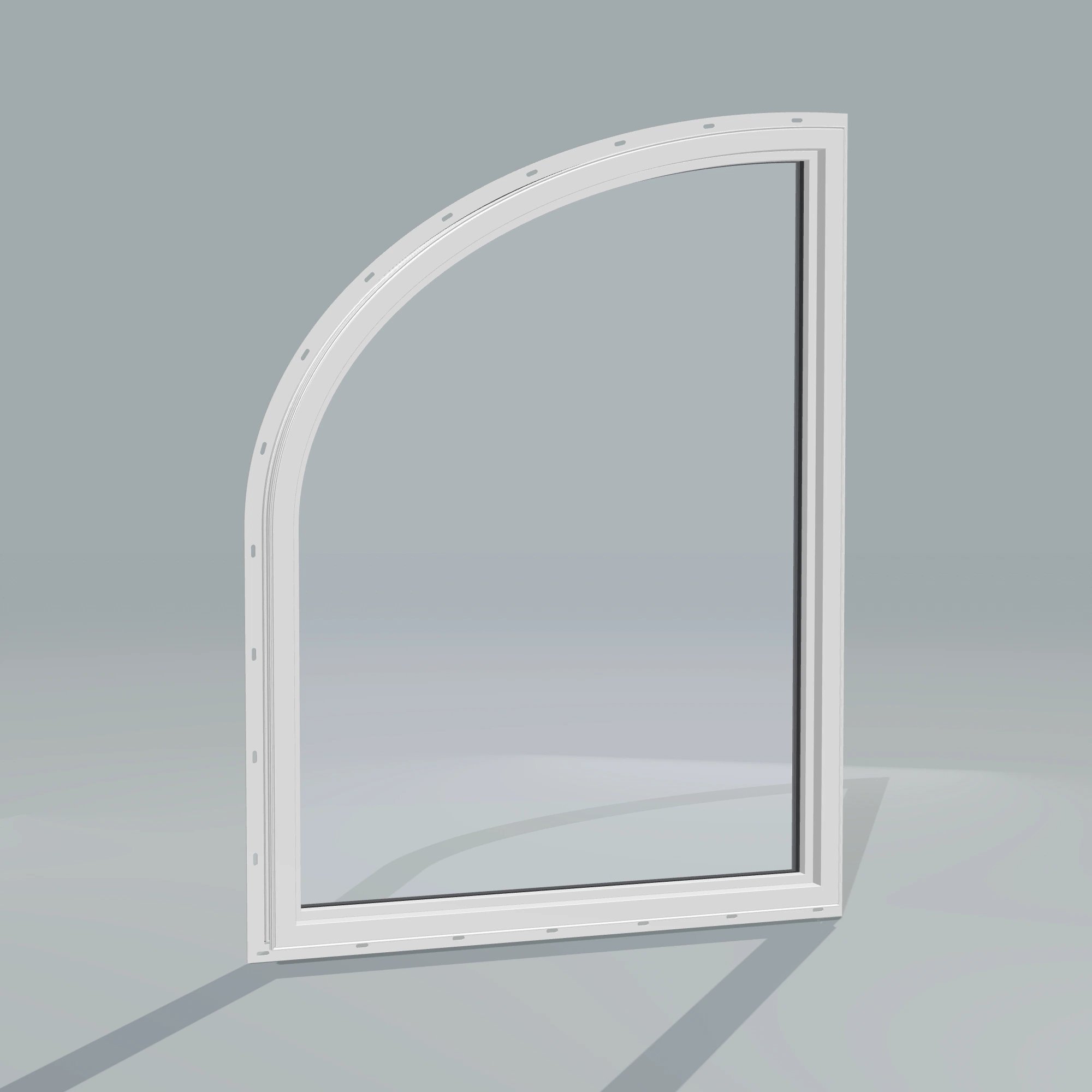 Angled interior view of the 36 × 48 inch raised partial ellipse (right), black exterior / white interior, with nailing flange