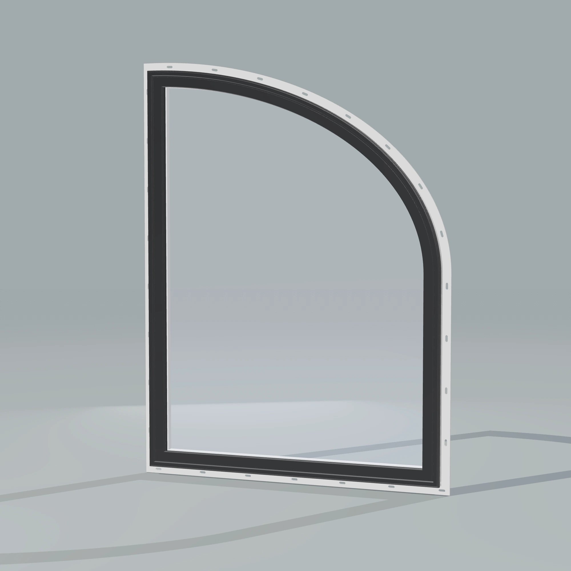 Opposite exterior angle of the 36 × 48 inch raised partial ellipse (right), black exterior / white interior, with nailing flange