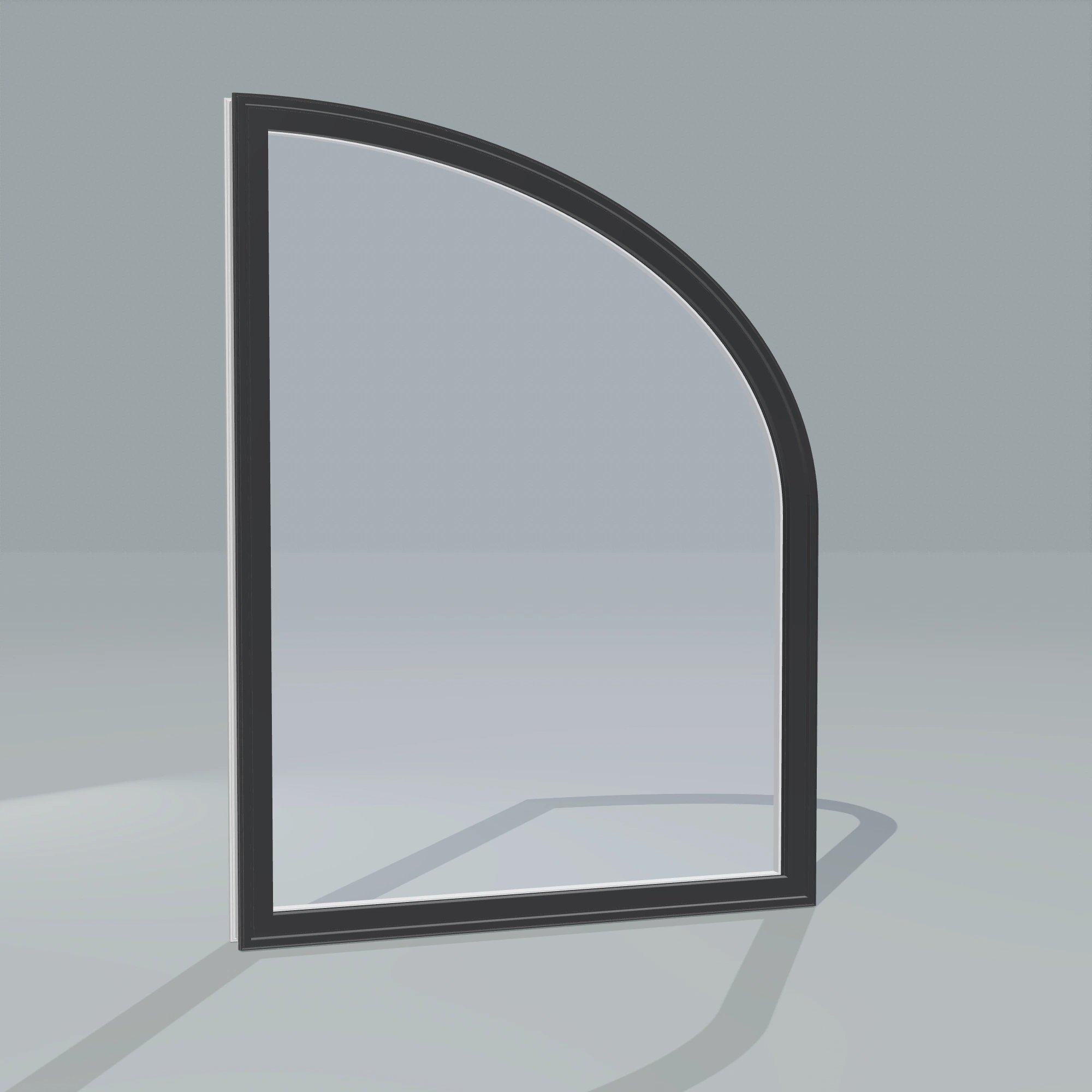 Angled exterior configurator view of the 36 × 48 inch raised partial ellipse (right), black exterior / white interior, without nailing flange