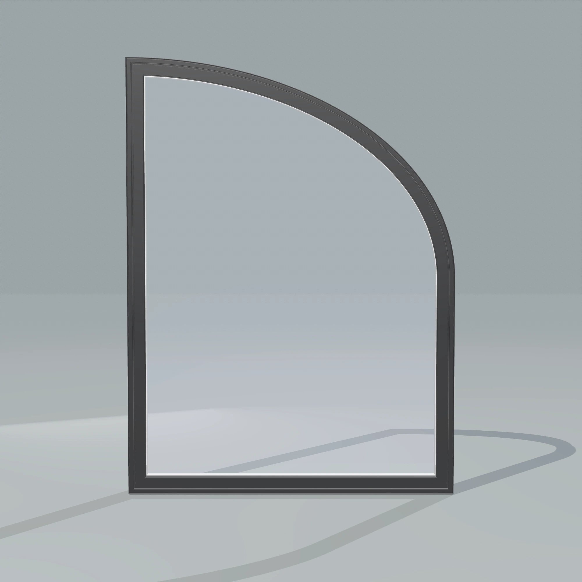 Straight exterior view of the 36 × 48 inch raised partial ellipse (right), black exterior / white interior, without nailing flange