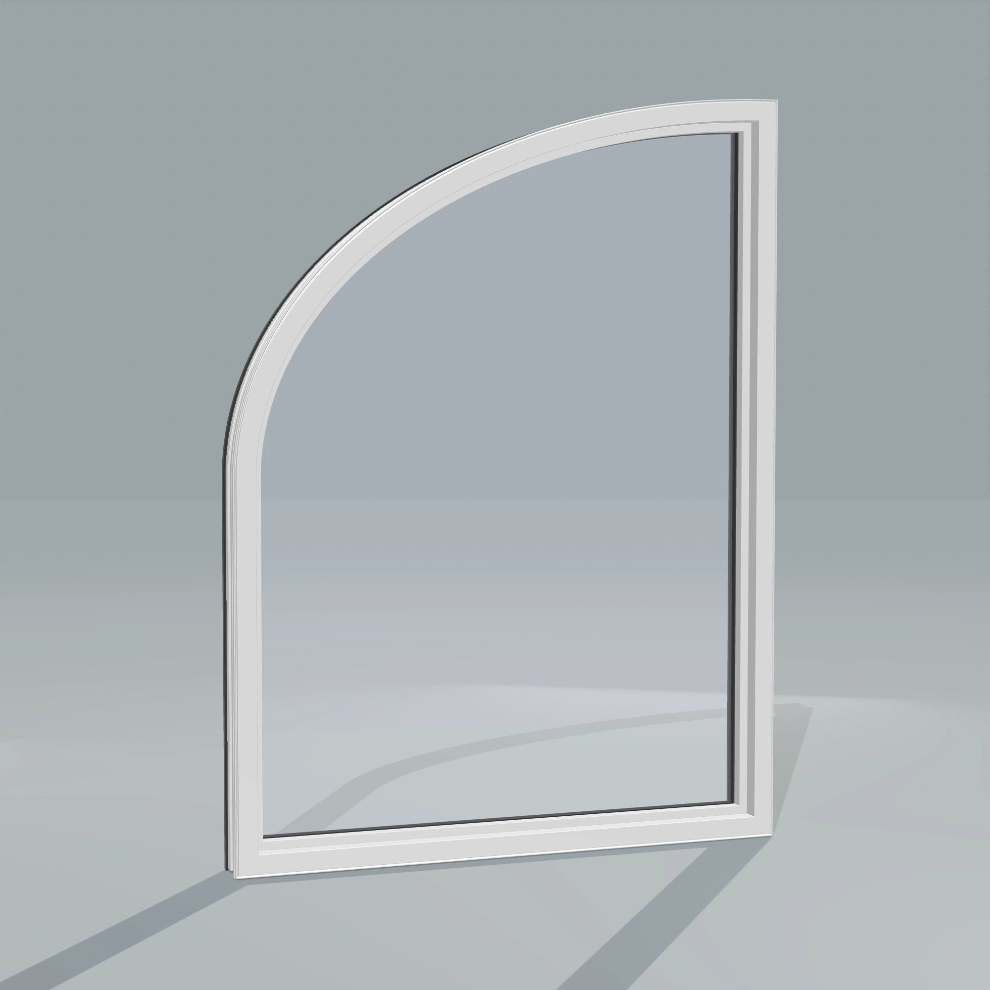Angled interior view of the 36 × 48 inch raised partial ellipse (right), black exterior / white interior, without nailing flange