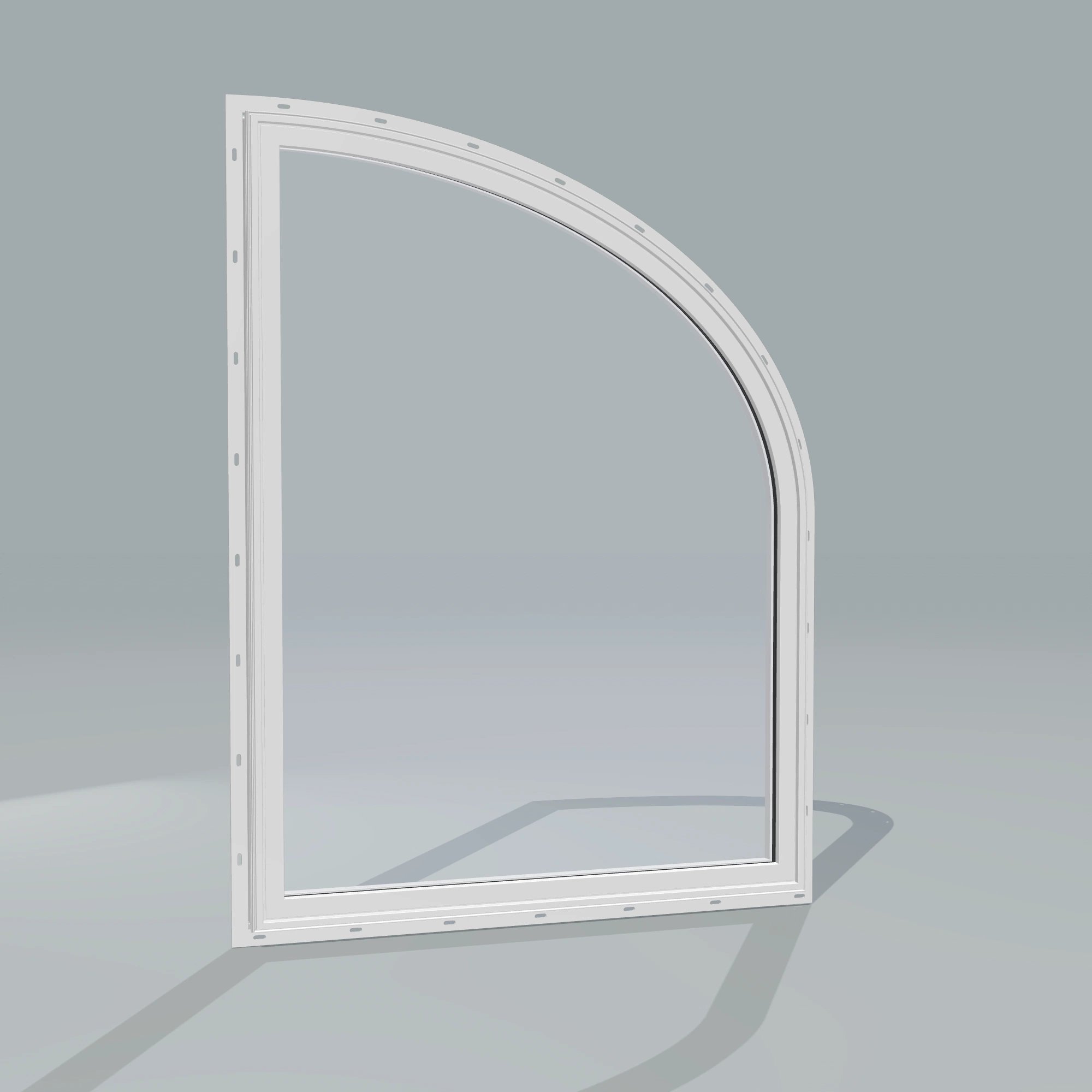 Angled exterior configurator view of the 36 × 48 inch raised partial ellipse (right), white exterior / white interior, with nailing flange