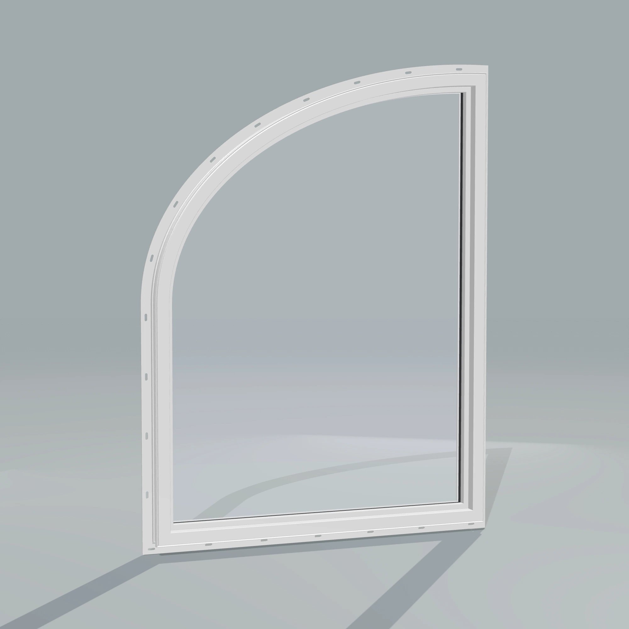 Angled interior view of the 36 × 48 inch raised partial ellipse (right), white exterior / white interior, with nailing flange