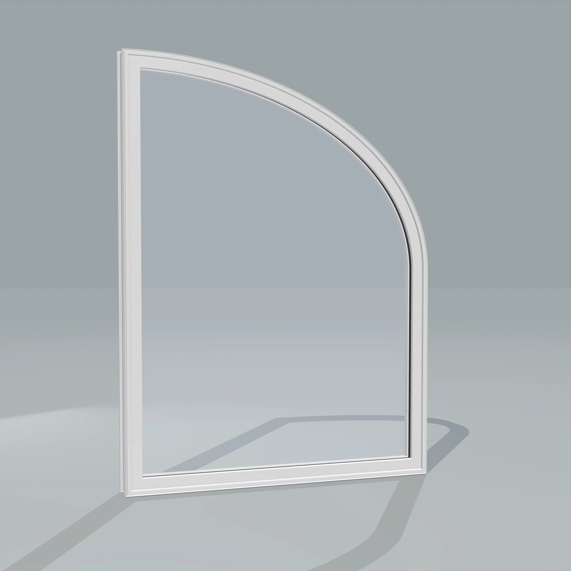 Angled exterior configurator view of the 36 × 48 inch raised partial ellipse (right), white exterior / white interior, without nailing flange