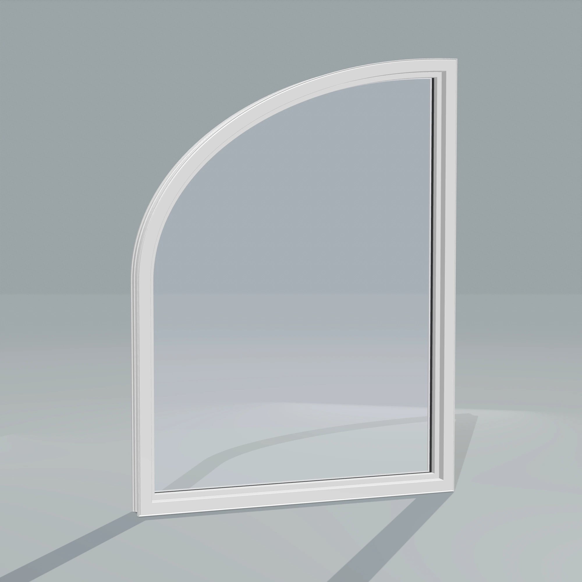 Angled interior view of the 36 × 48 inch raised partial ellipse (right), white exterior / white interior, without nailing flange