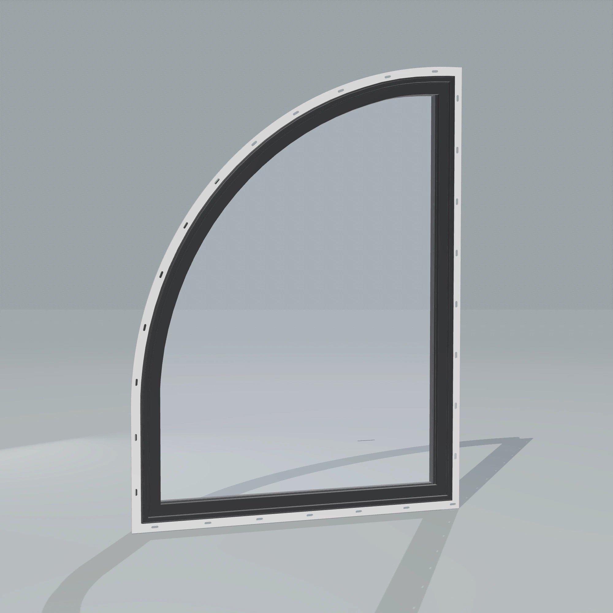 Angled exterior configurator view of the 36 × 48 inch raised quarter round (left), black exterior / black interior, with nailing flange
