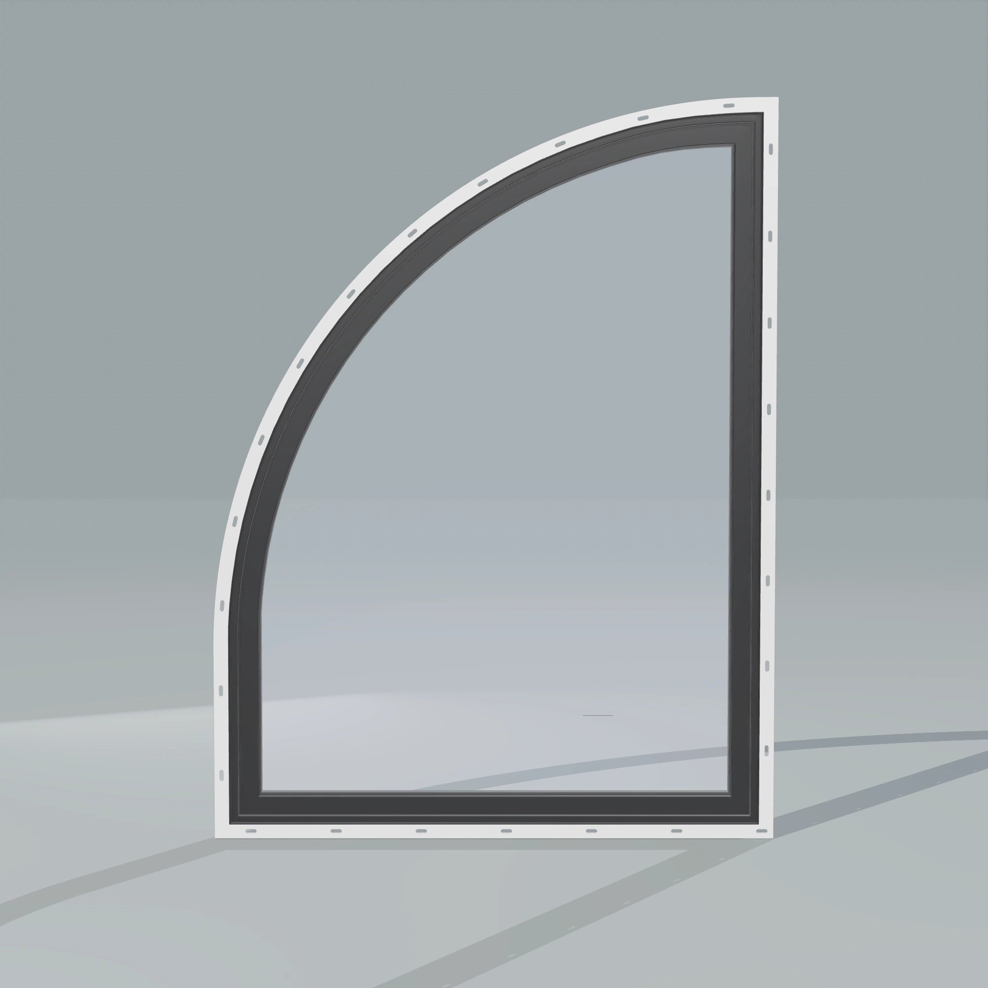 Straight exterior view of the 36 × 48 inch raised quarter round (left), black exterior / black interior, with nailing flange