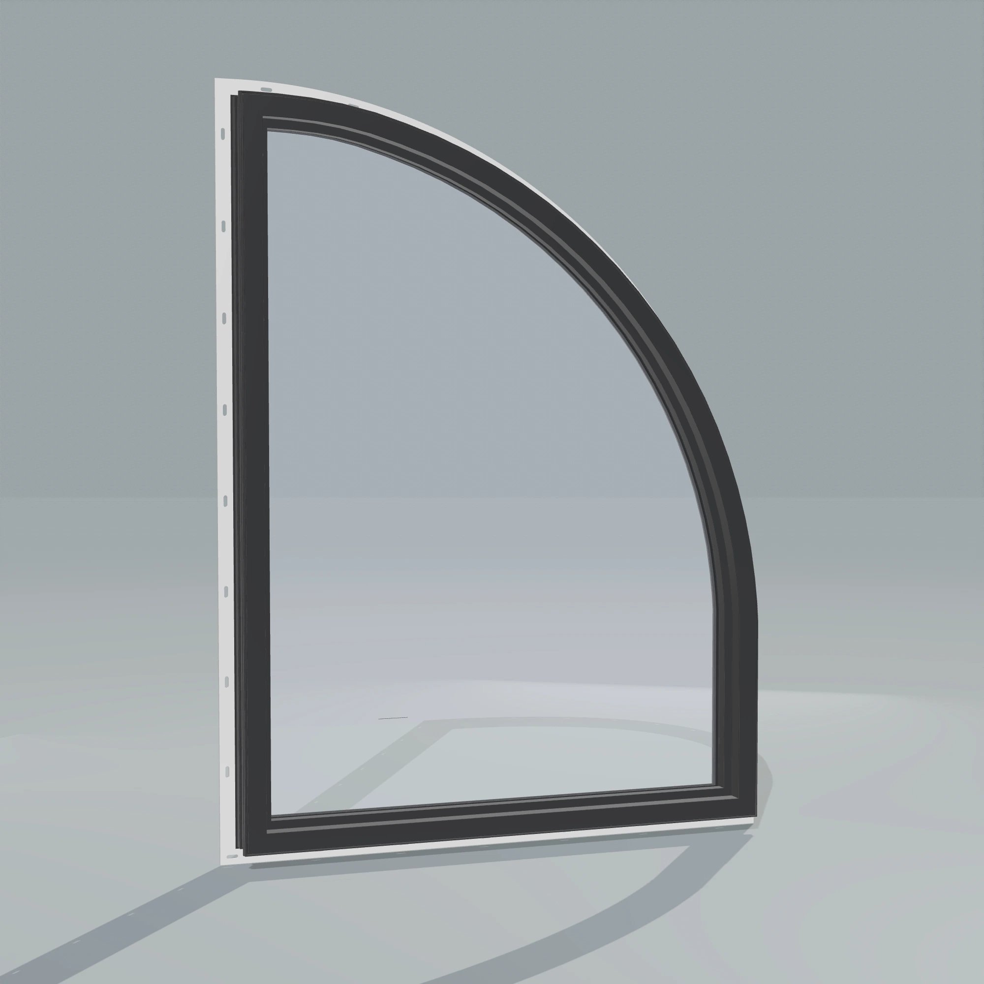 Angled interior view of the 36 × 48 inch raised quarter round (left), black exterior / black interior, with nailing flange