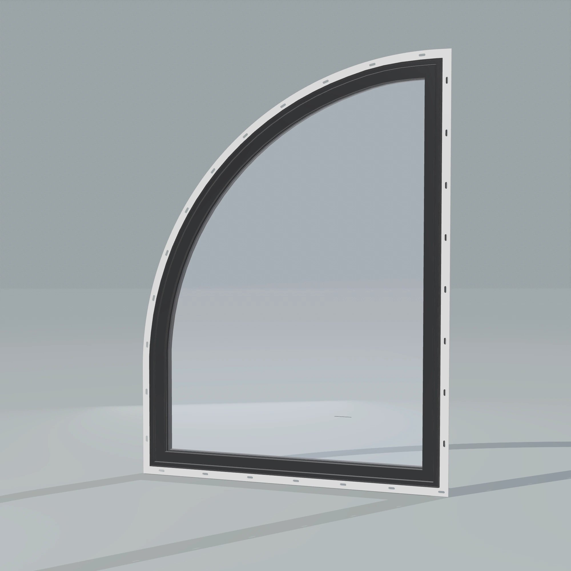 Opposite exterior angle of the 36 × 48 inch raised quarter round (left), black exterior / black interior, with nailing flange