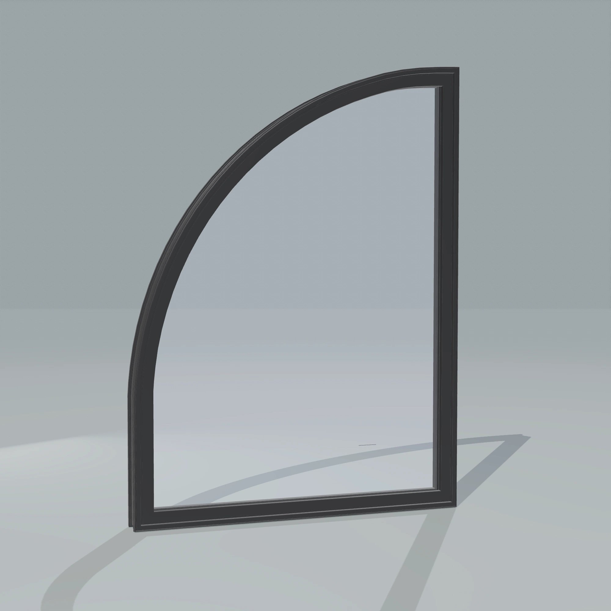 Angled exterior configurator view of the 36 × 48 inch raised quarter round (left), black exterior / black interior, without nailing flange