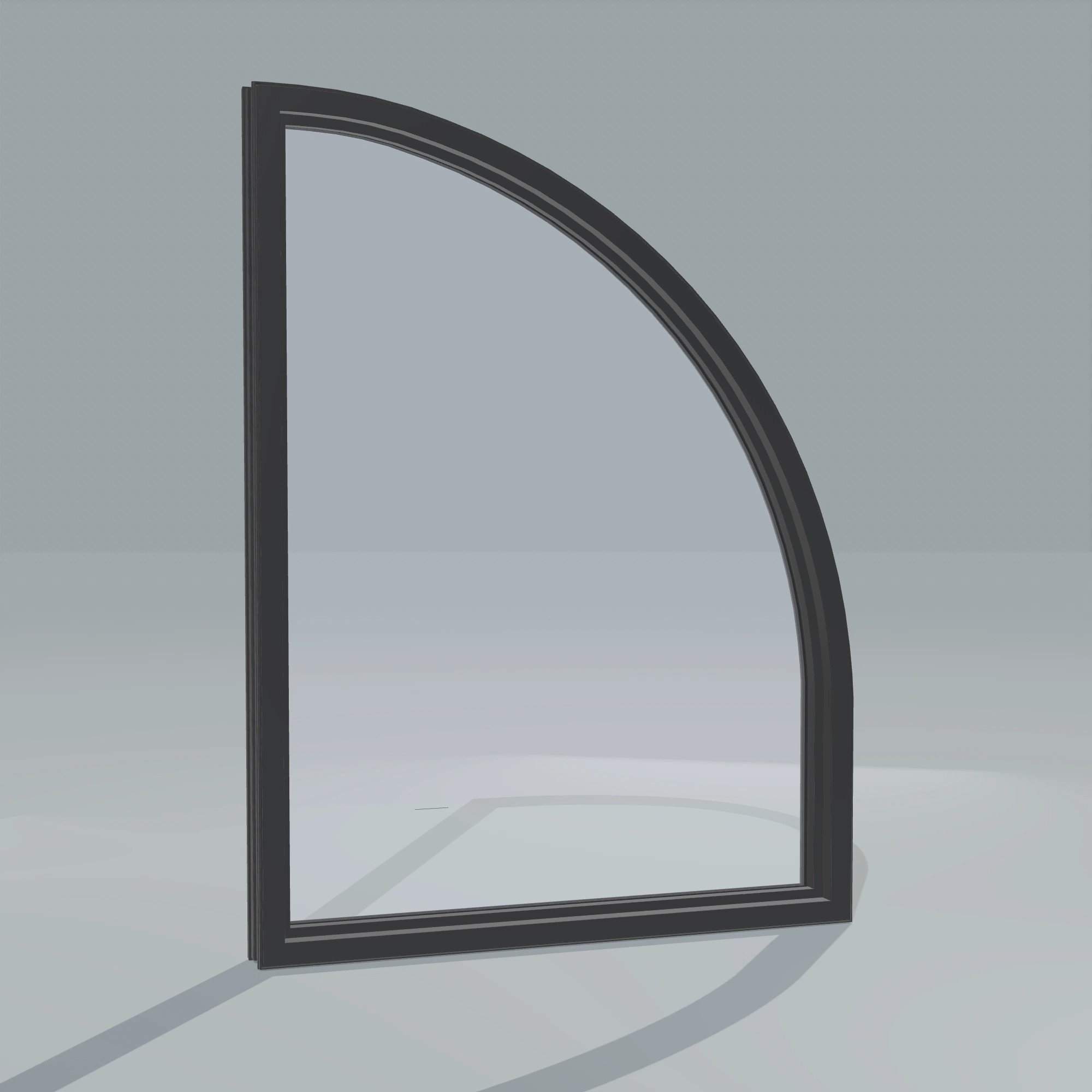 Angled interior view of the 36 × 48 inch raised quarter round (left), black exterior / black interior, without nailing flange