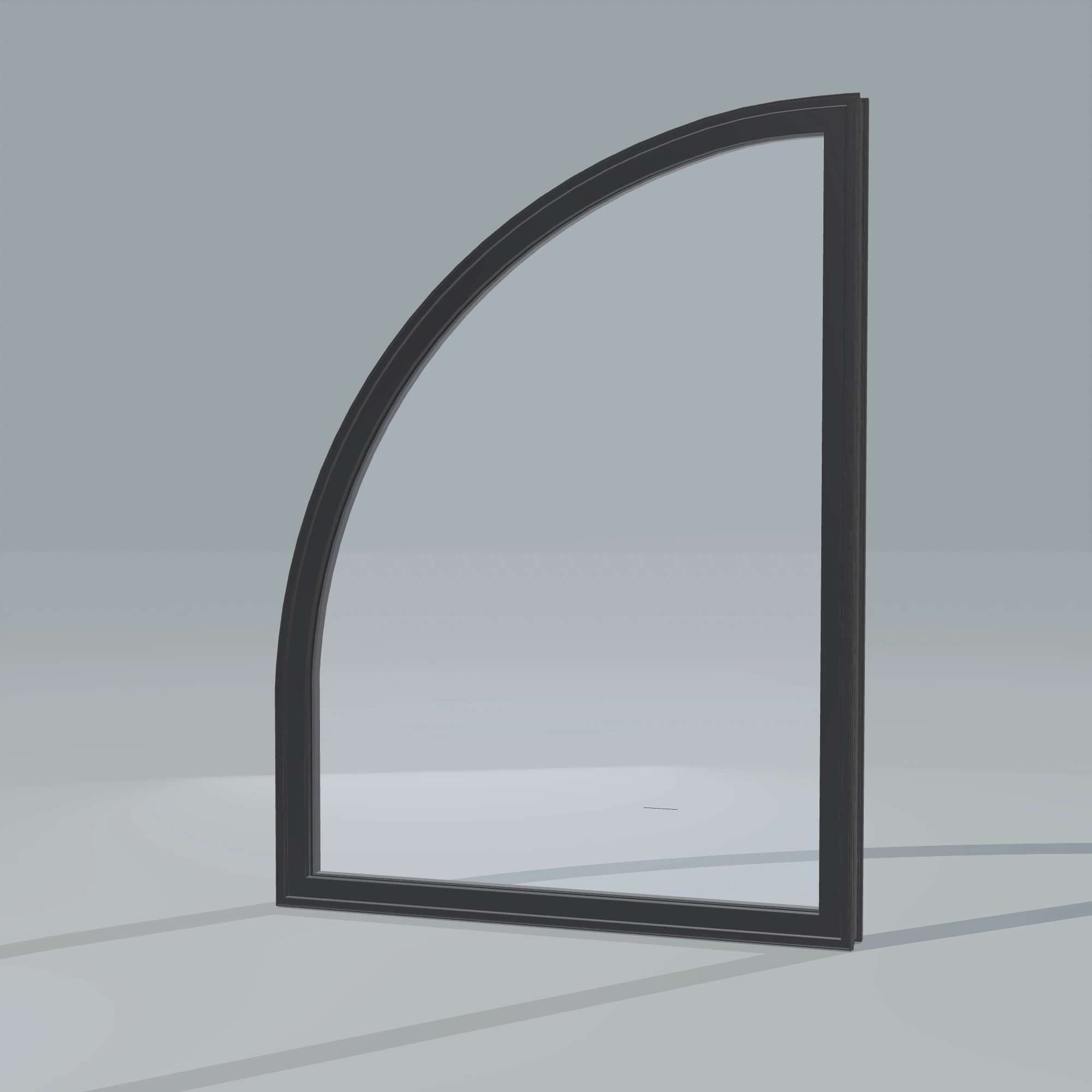 Opposite exterior angle of the 36 × 48 inch raised quarter round (left), black exterior / black interior, without nailing flange