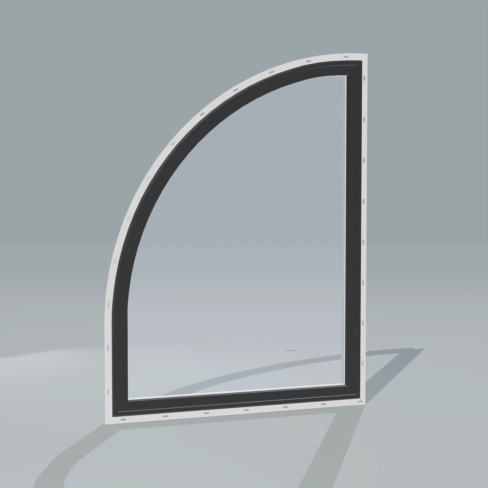 Angled exterior configurator view of the 36 × 48 inch raised quarter round (left), black exterior / white interior, with nailing flange