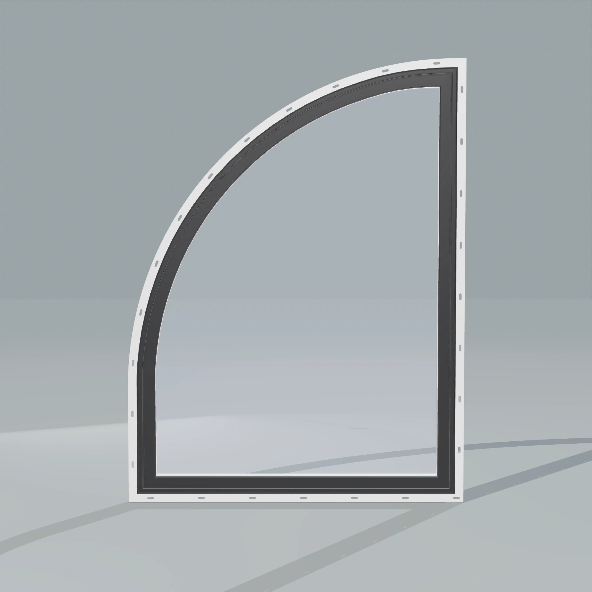 Straight exterior view of the 36 × 48 inch raised quarter round (left), black exterior / white interior, with nailing flange