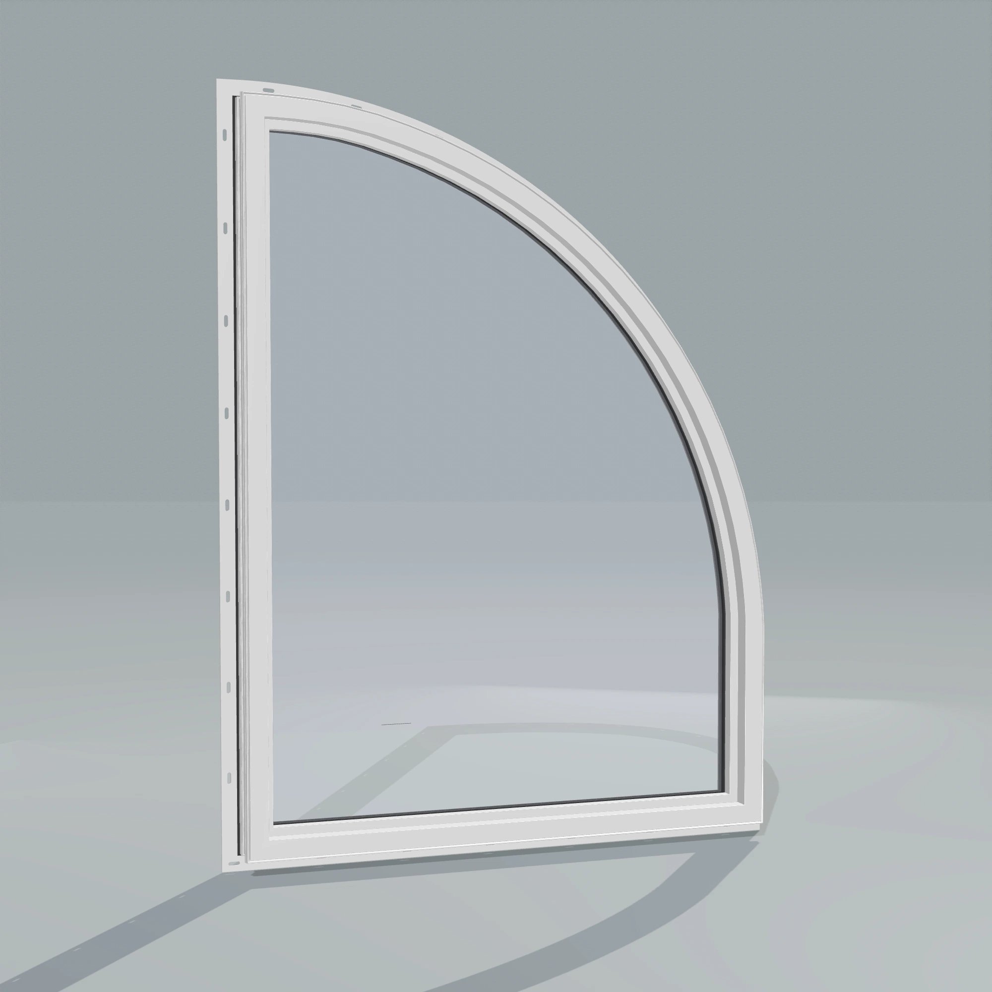 Angled interior view of the 36 × 48 inch raised quarter round (left), black exterior / white interior, with nailing flange