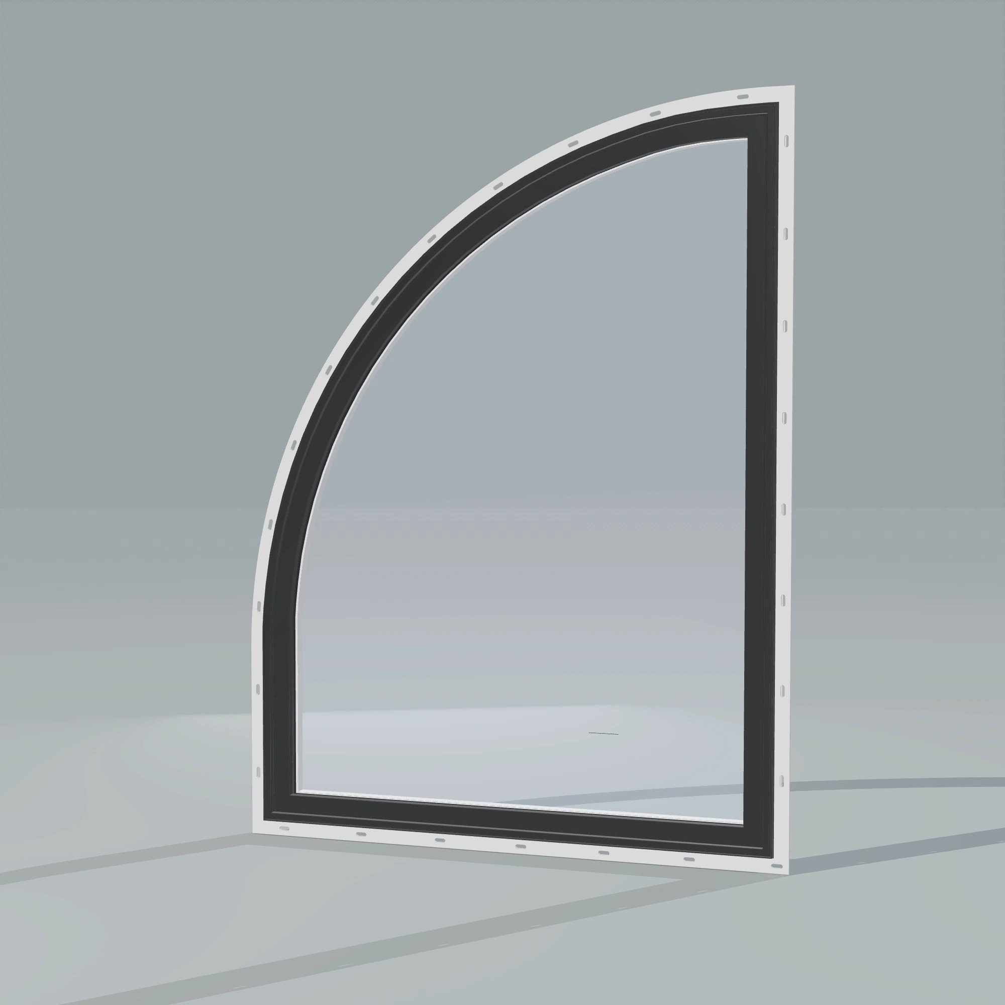 Opposite exterior angle of the 36 × 48 inch raised quarter round (left), black exterior / white interior, with nailing flange