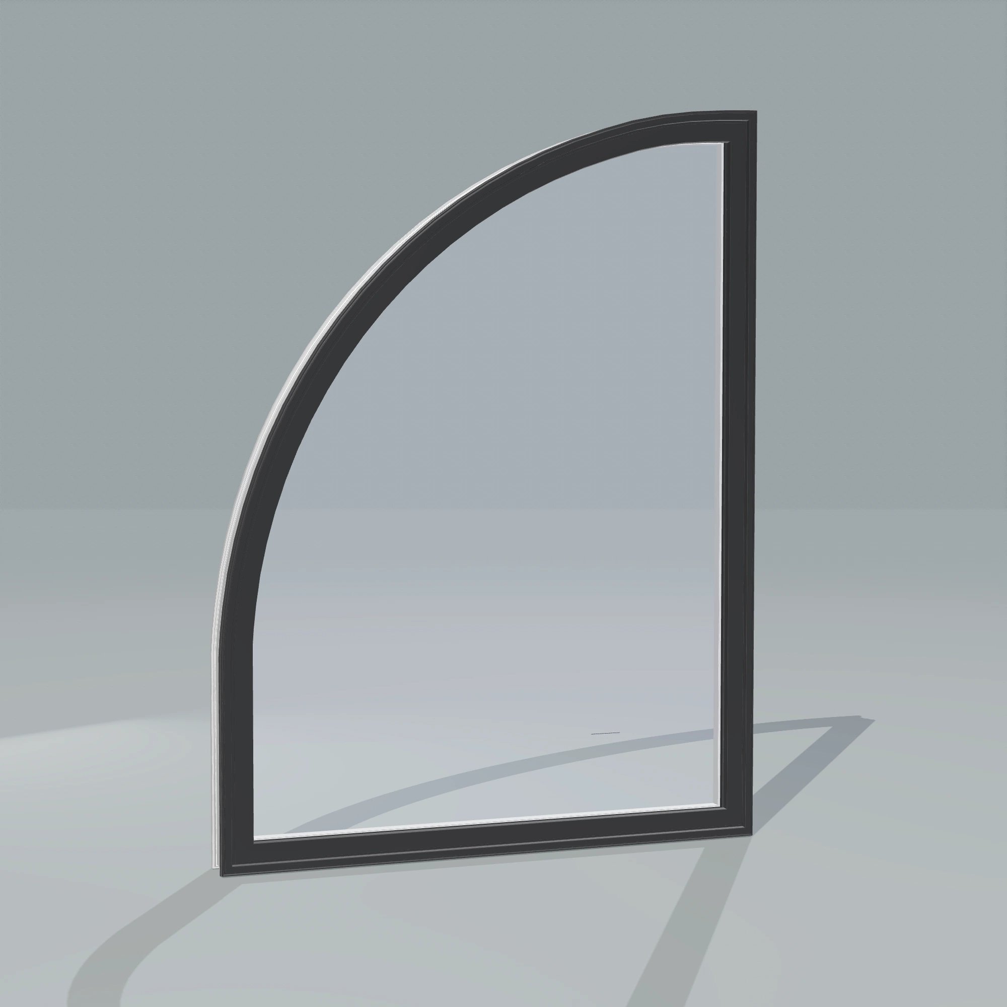 Angled exterior configurator view of the 36 × 48 inch raised quarter round (left), black exterior / white interior, without nailing flange