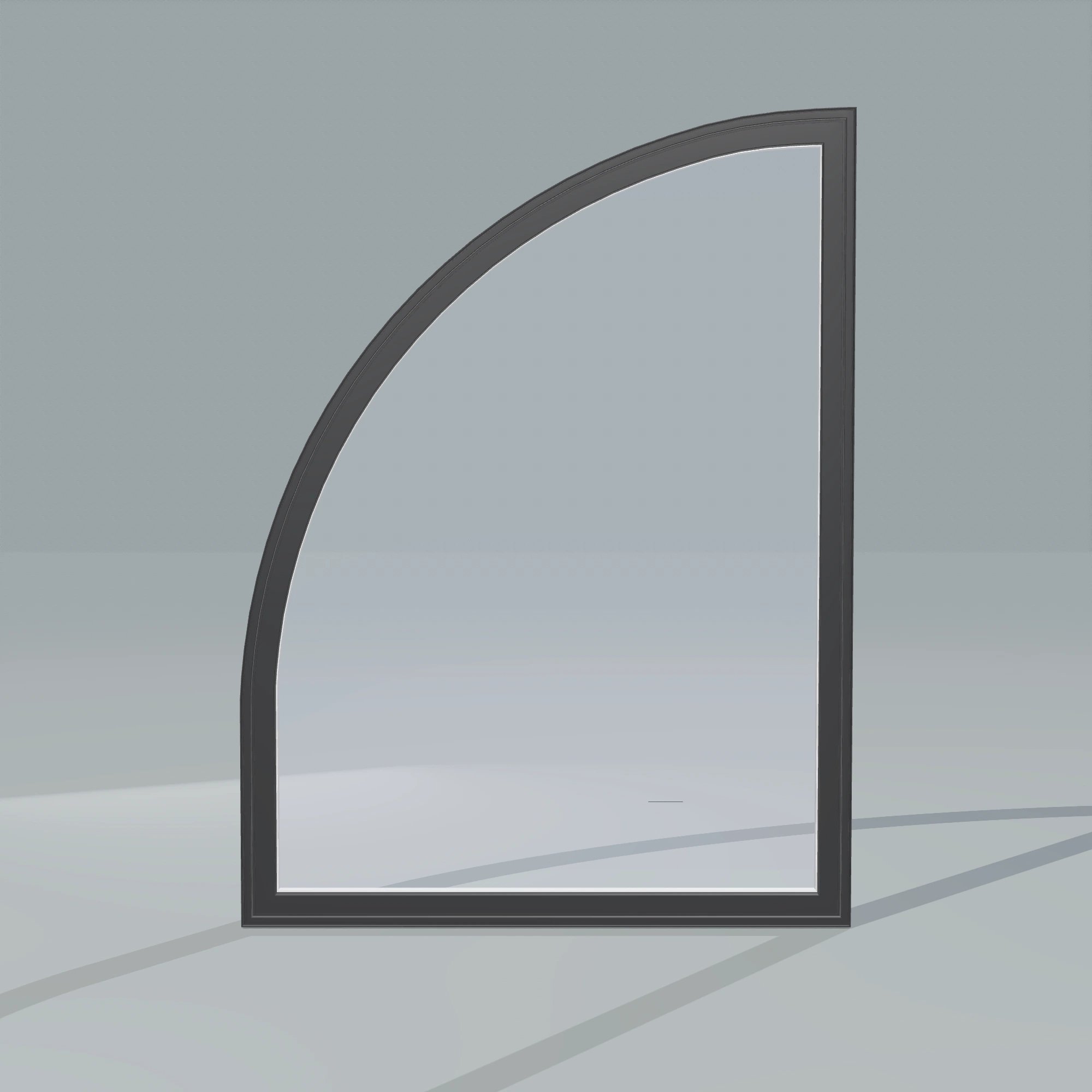 Straight exterior view of the 36 × 48 inch raised quarter round (left), black exterior / white interior, without nailing flange