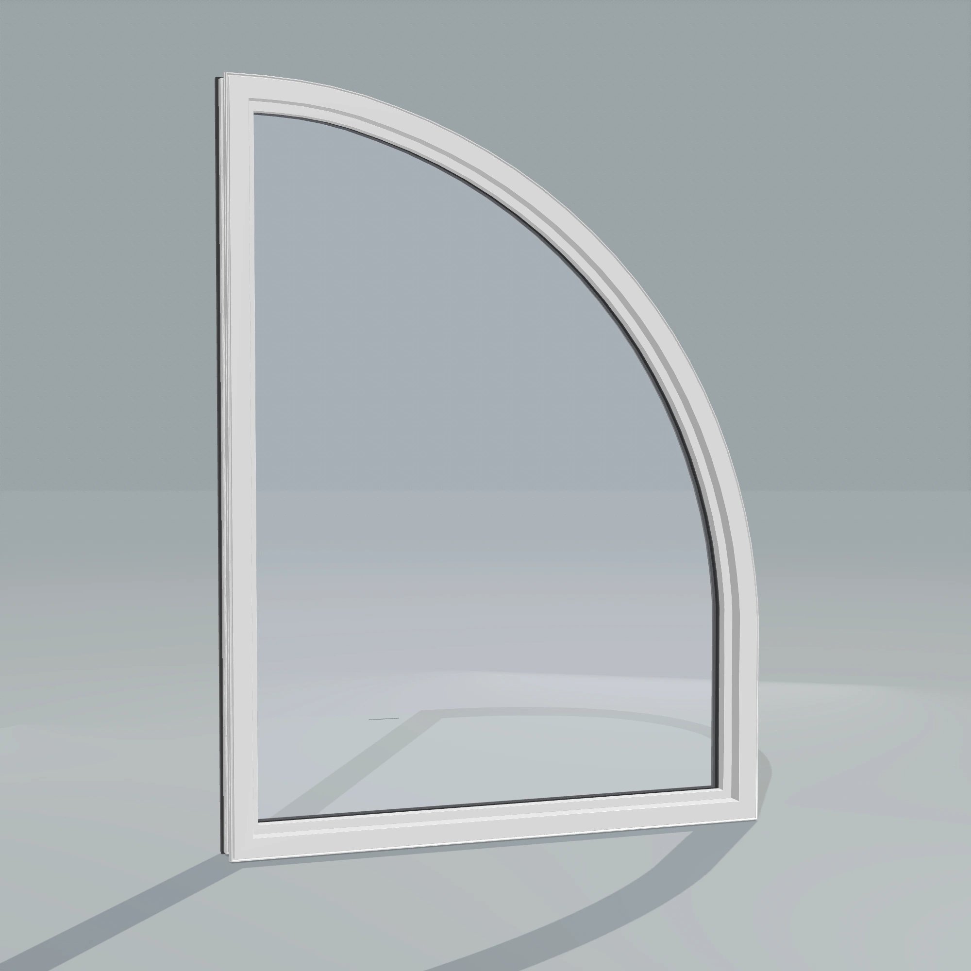 Angled interior view of the 36 × 48 inch raised quarter round (left), black exterior / white interior, without nailing flange