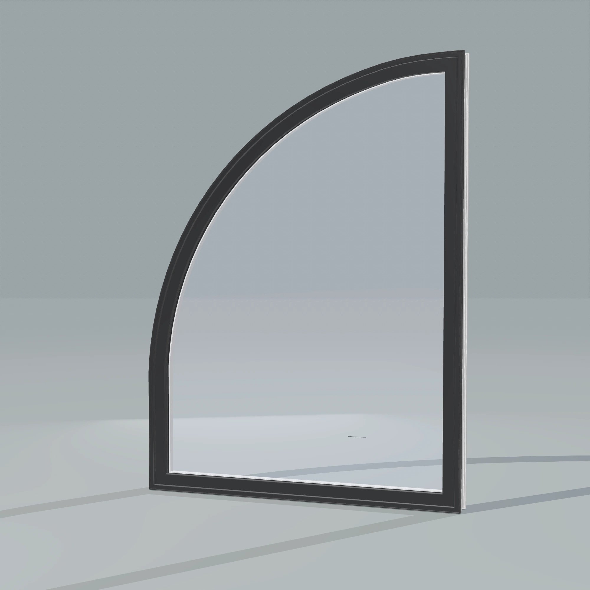 Opposite exterior angle of the 36 × 48 inch raised quarter round (left), black exterior / white interior, without nailing flange