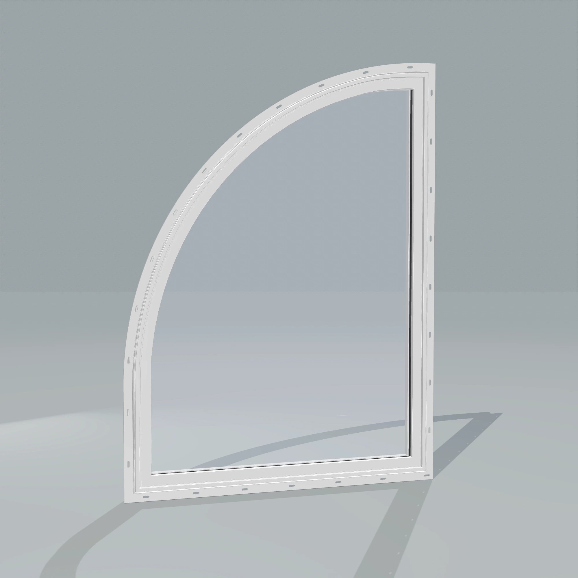 Angled exterior configurator view of the 36 × 48 inch raised quarter round (left), white exterior / white interior, with nailing flange