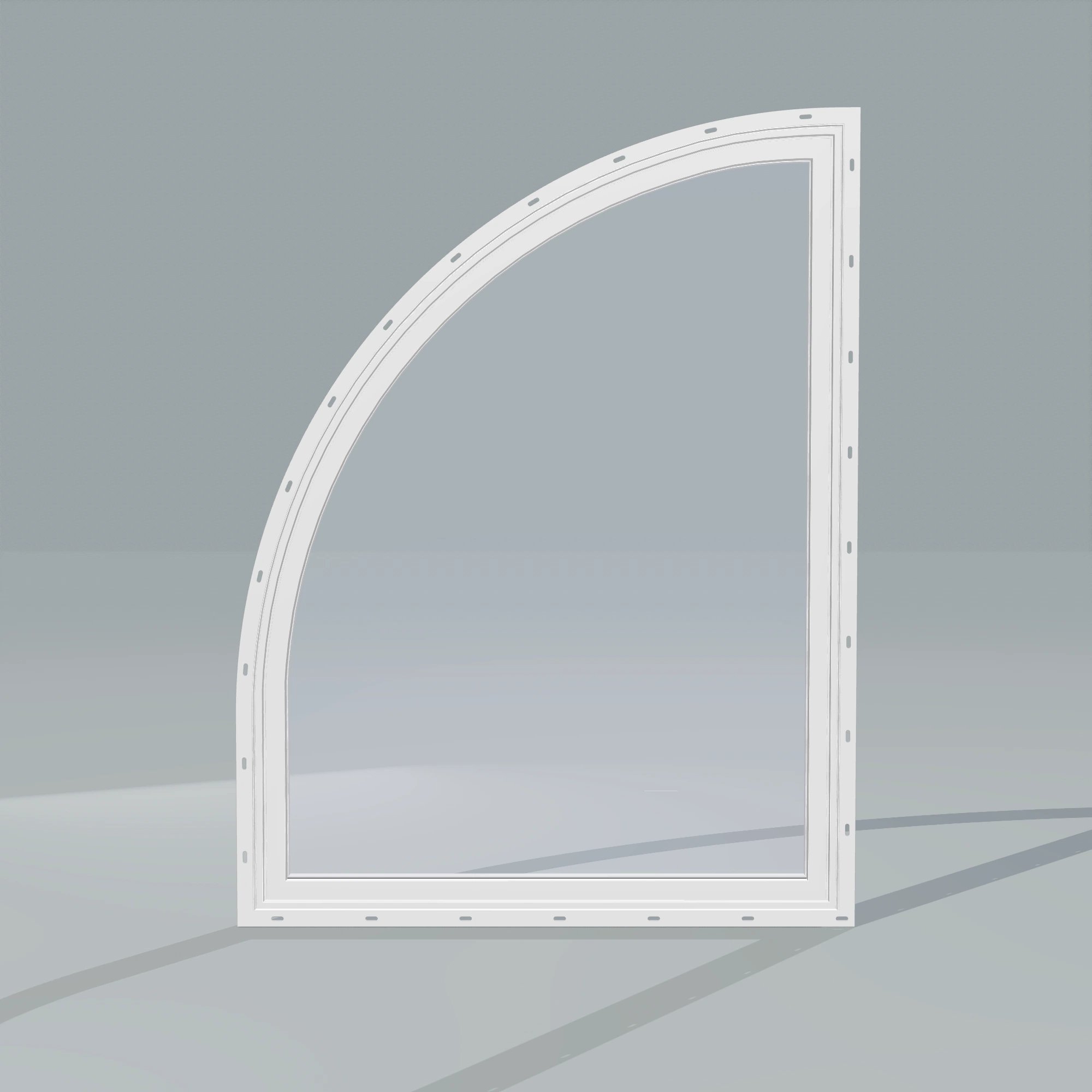 Straight exterior view of the 36 × 48 inch raised quarter round (left), white exterior / white interior, with nailing flange