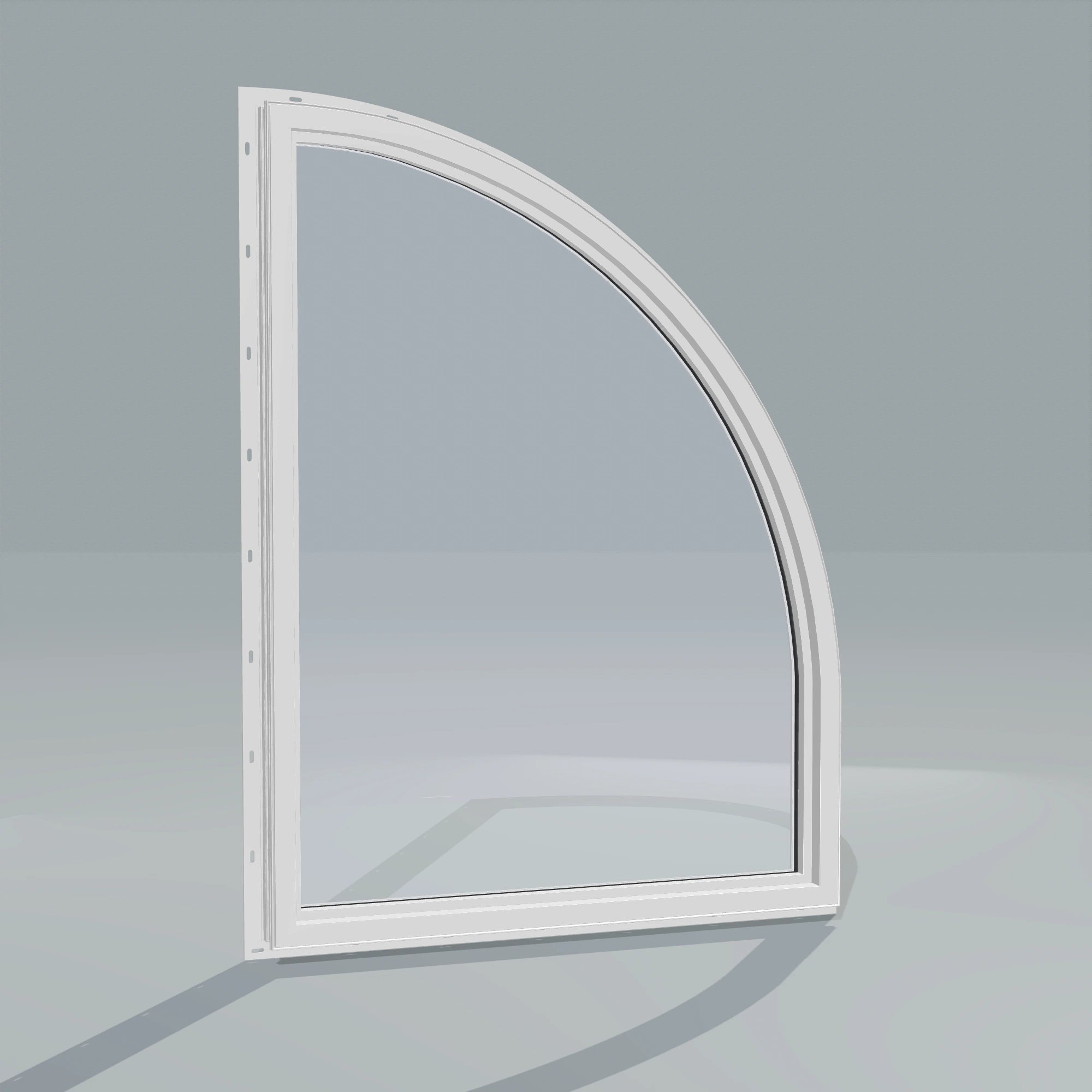 Angled interior view of the 36 × 48 inch raised quarter round (left), white exterior / white interior, with nailing flange