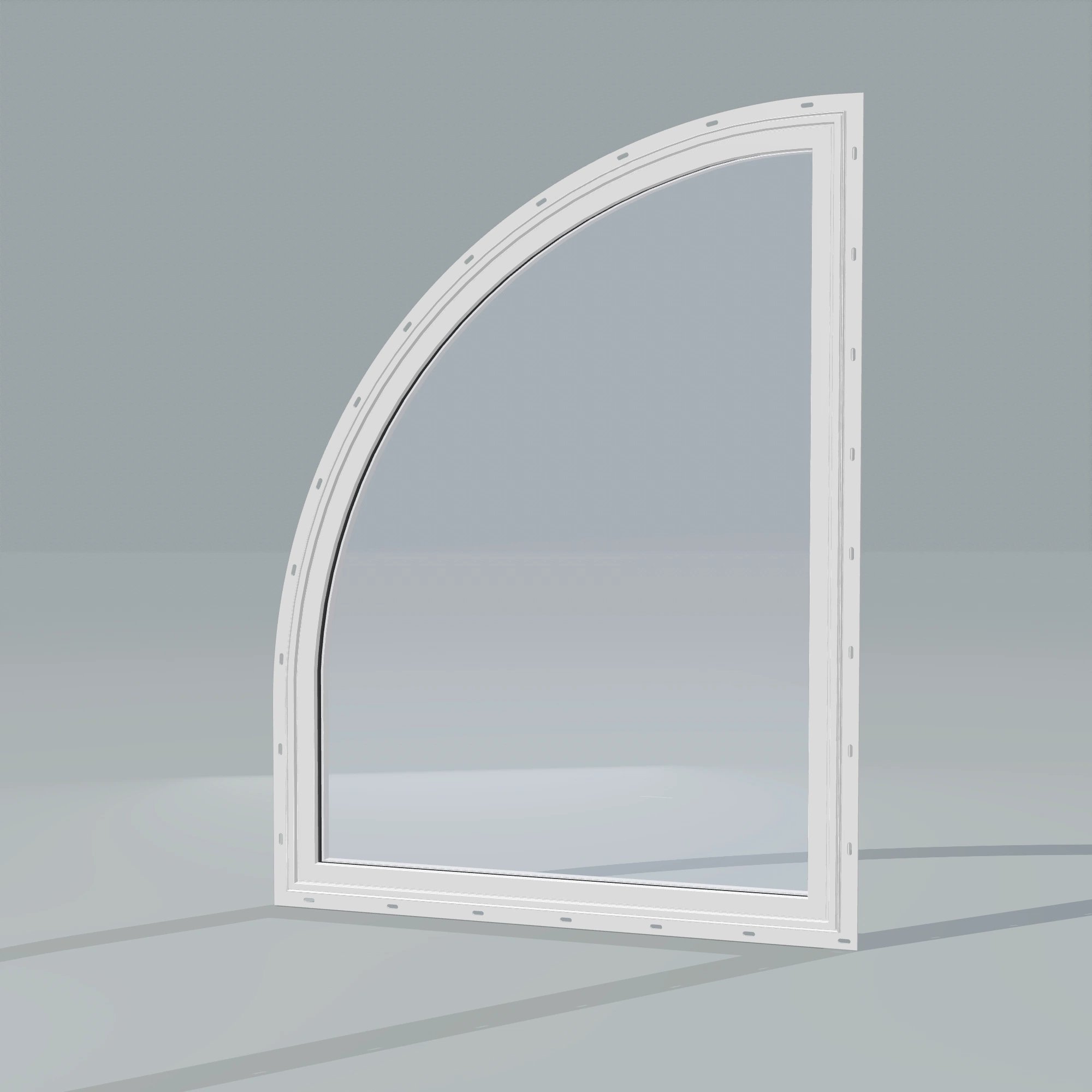 Opposite exterior angle of the 36 × 48 inch raised quarter round (left), white exterior / white interior, with nailing flange
