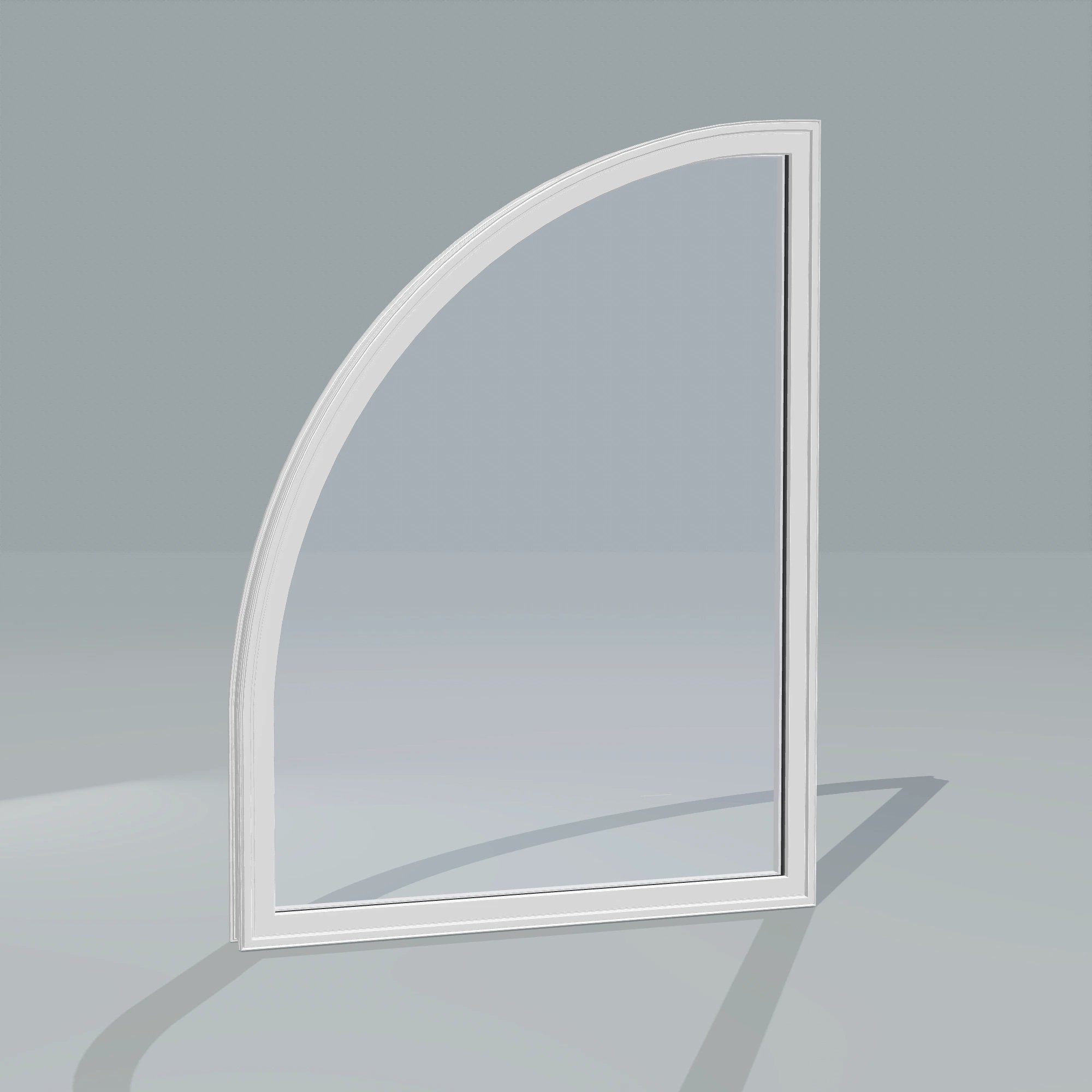 Angled exterior configurator view of the 36 × 48 inch raised quarter round (left), white exterior / white interior, without nailing flange