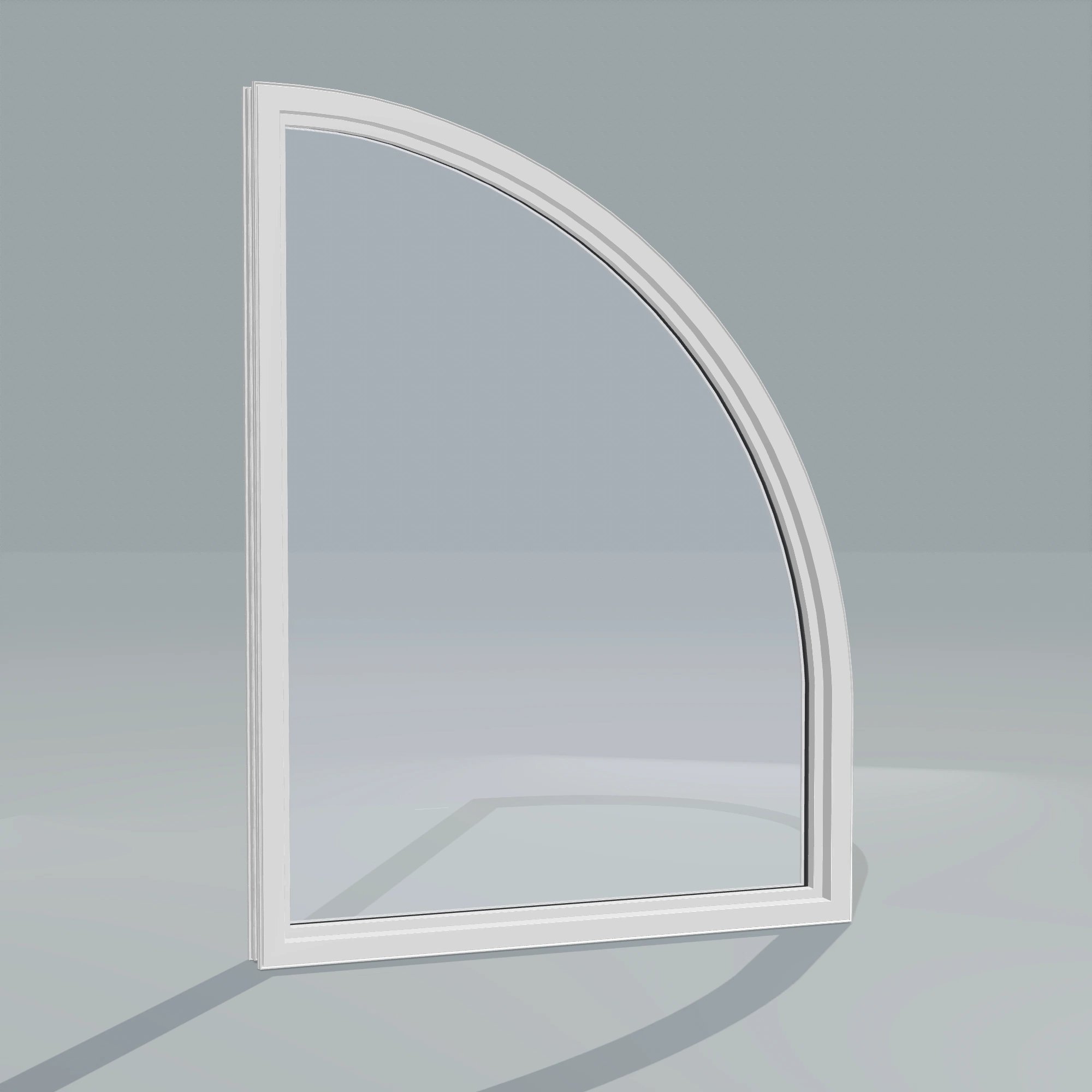 Angled interior view of the 36 × 48 inch raised quarter round (left), white exterior / white interior, without nailing flange