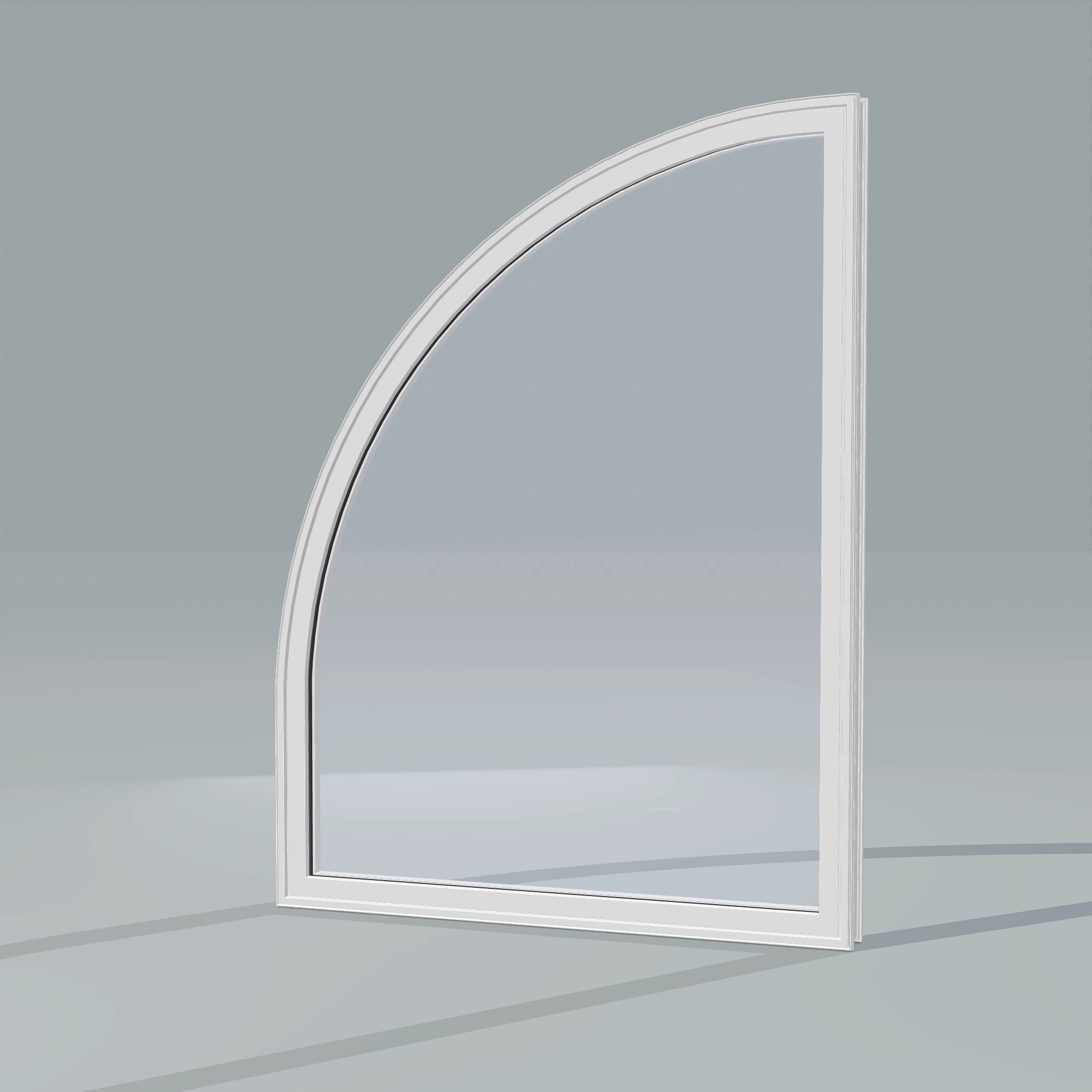 Opposite exterior angle of the 36 × 48 inch raised quarter round (left), white exterior / white interior, without nailing flange