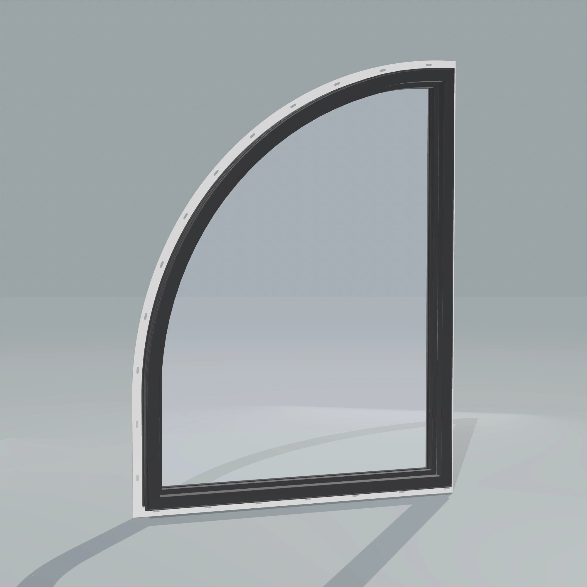 Angled interior view of the 36 × 48 inch raised quarter round (right), black exterior / black interior, with nailing flange