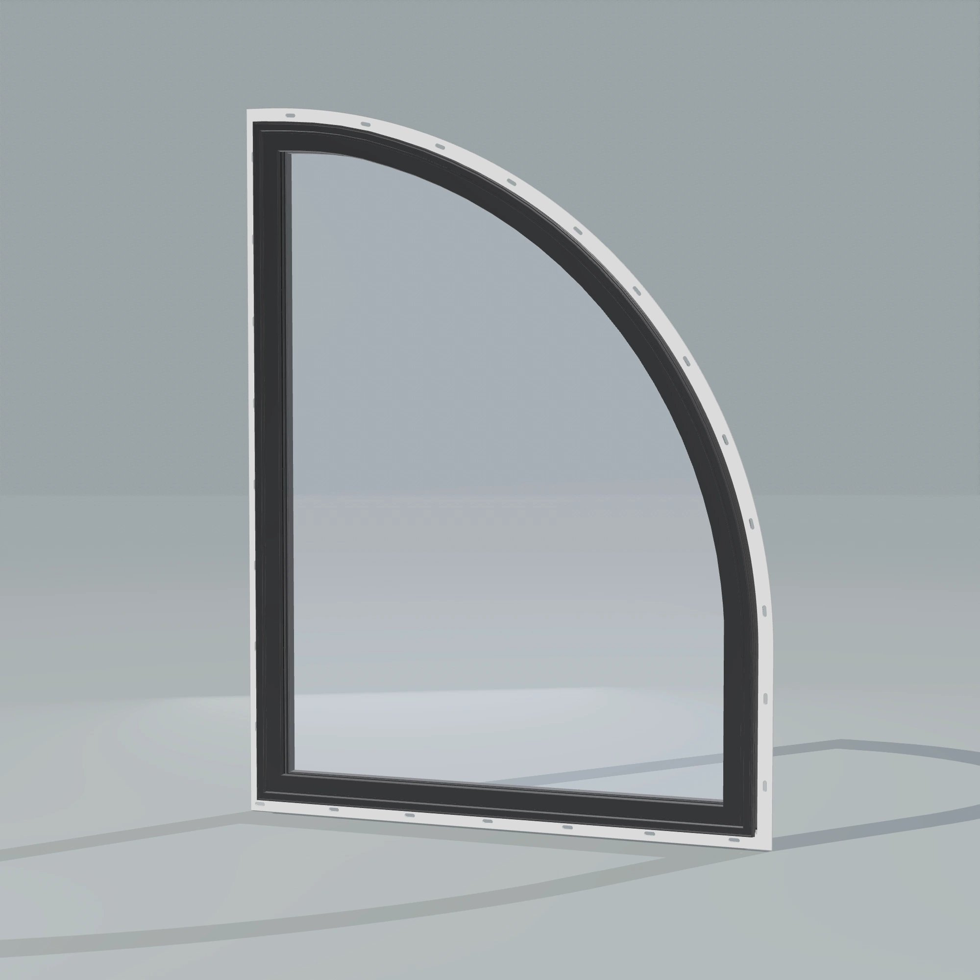 Opposite exterior angle of the 36 × 48 inch raised quarter round (right), black exterior / black interior, with nailing flange