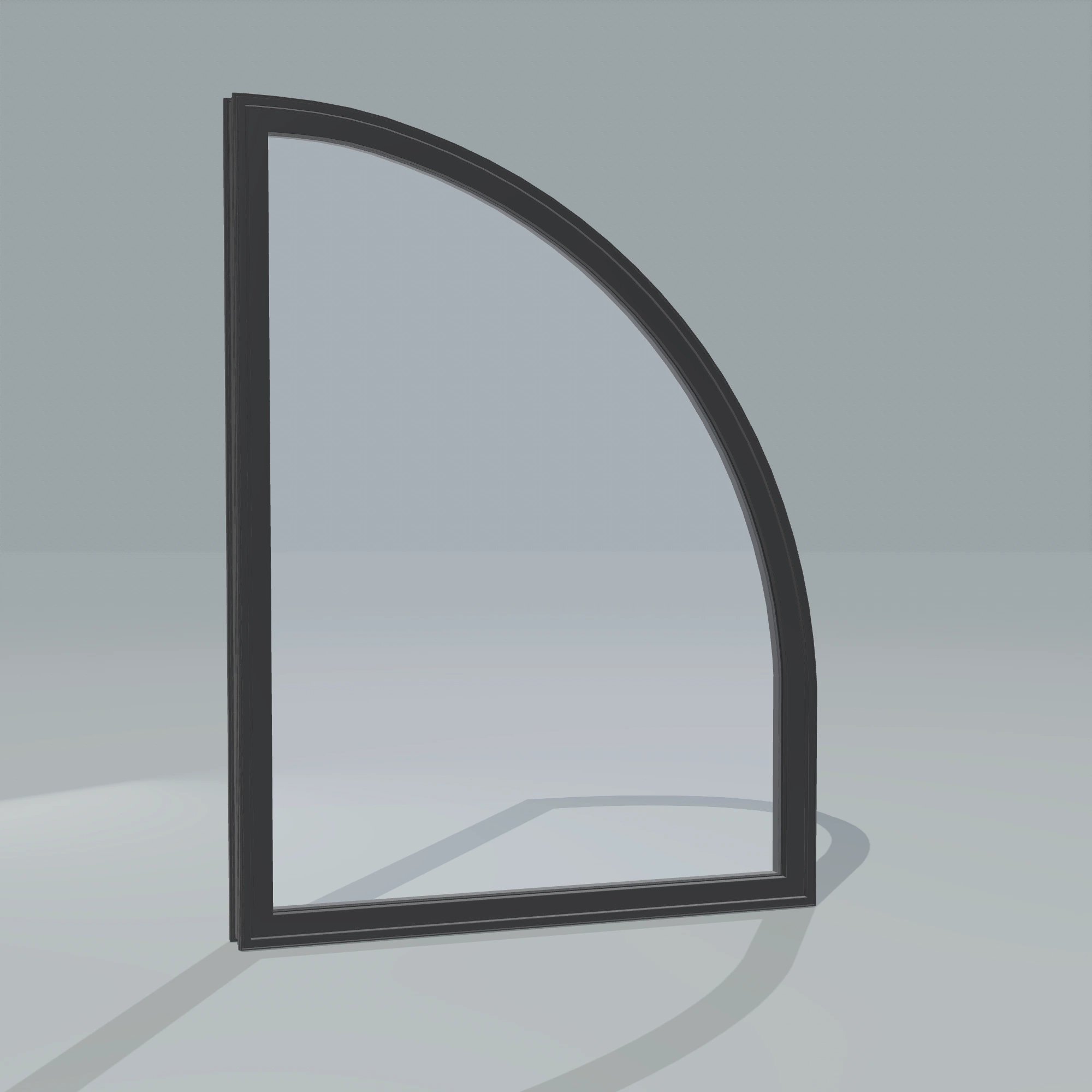 Angled exterior configurator view of the 36 × 48 inch raised quarter round (right), black exterior / black interior, without nailing flange