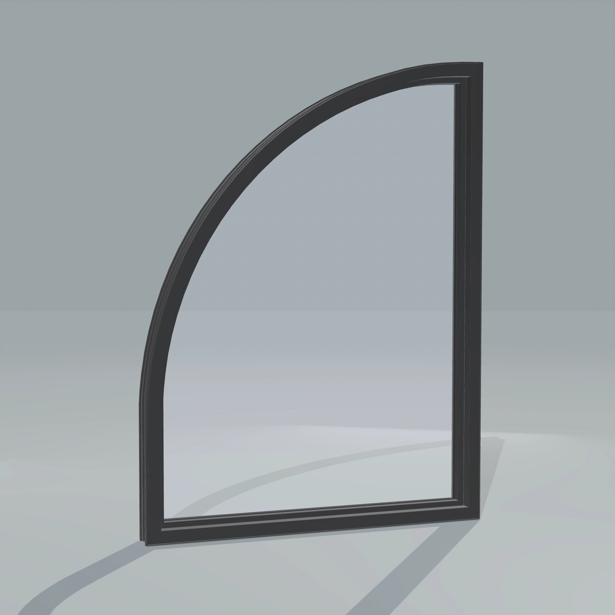 Angled interior view of the 36 × 48 inch raised quarter round (right), black exterior / black interior, without nailing flange
