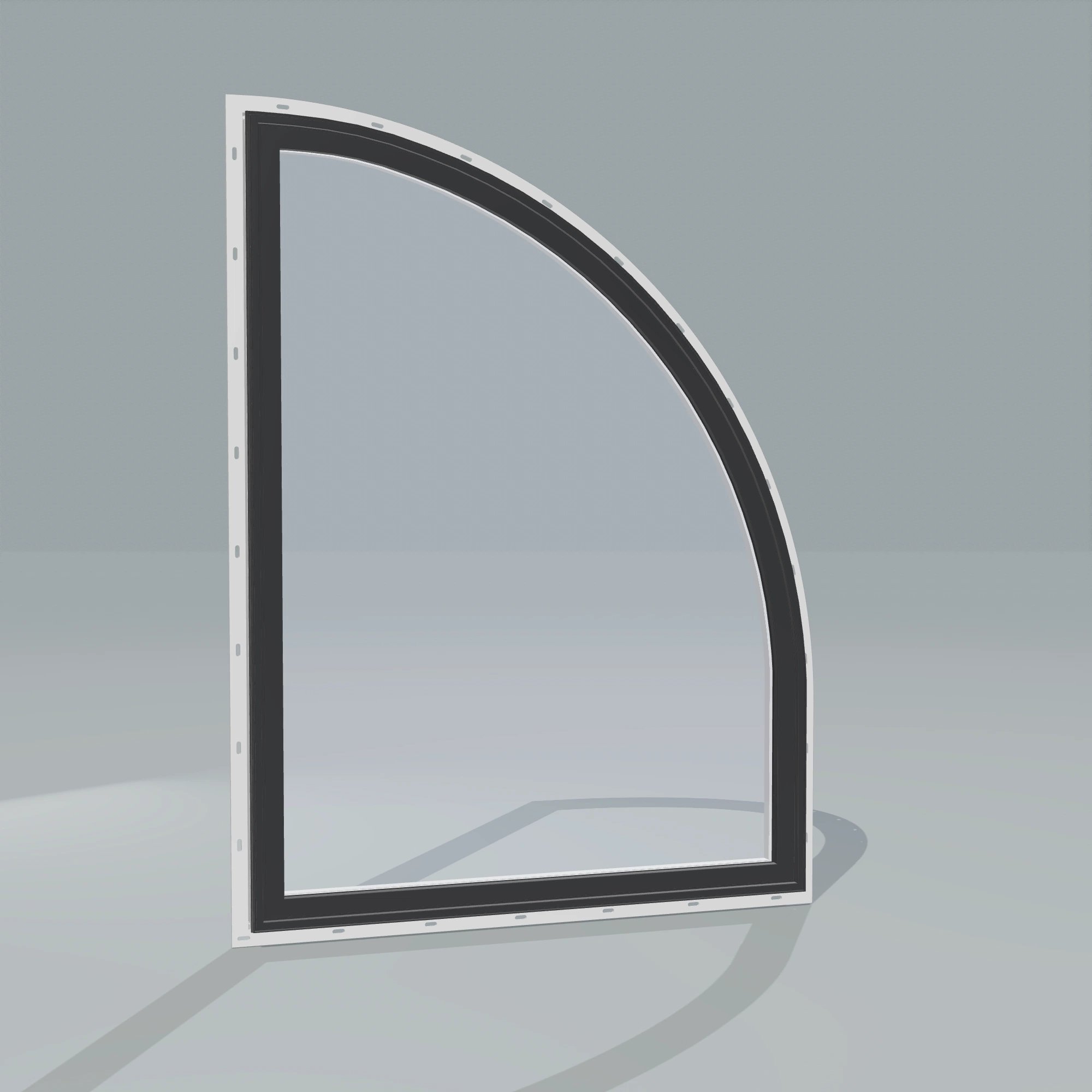 Angled exterior configurator view of the 36 × 48 inch raised quarter round (right), black exterior / white interior, with nailing flange