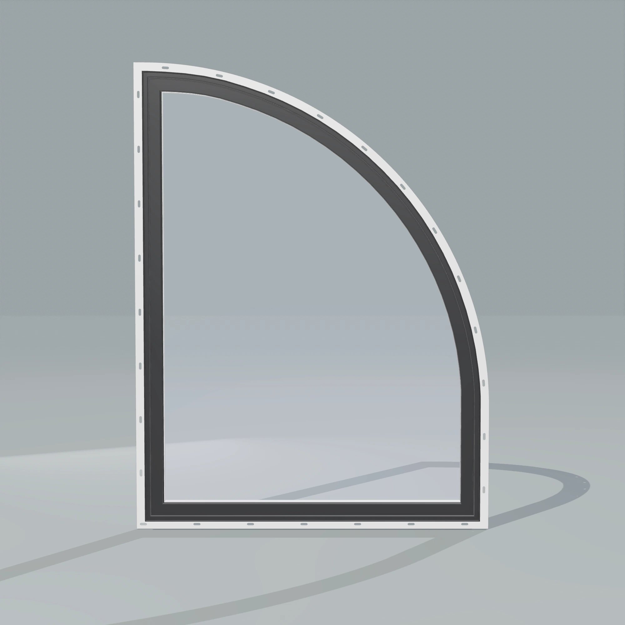Straight exterior view of the 36 × 48 inch raised quarter round (right), black exterior / white interior, with nailing flange