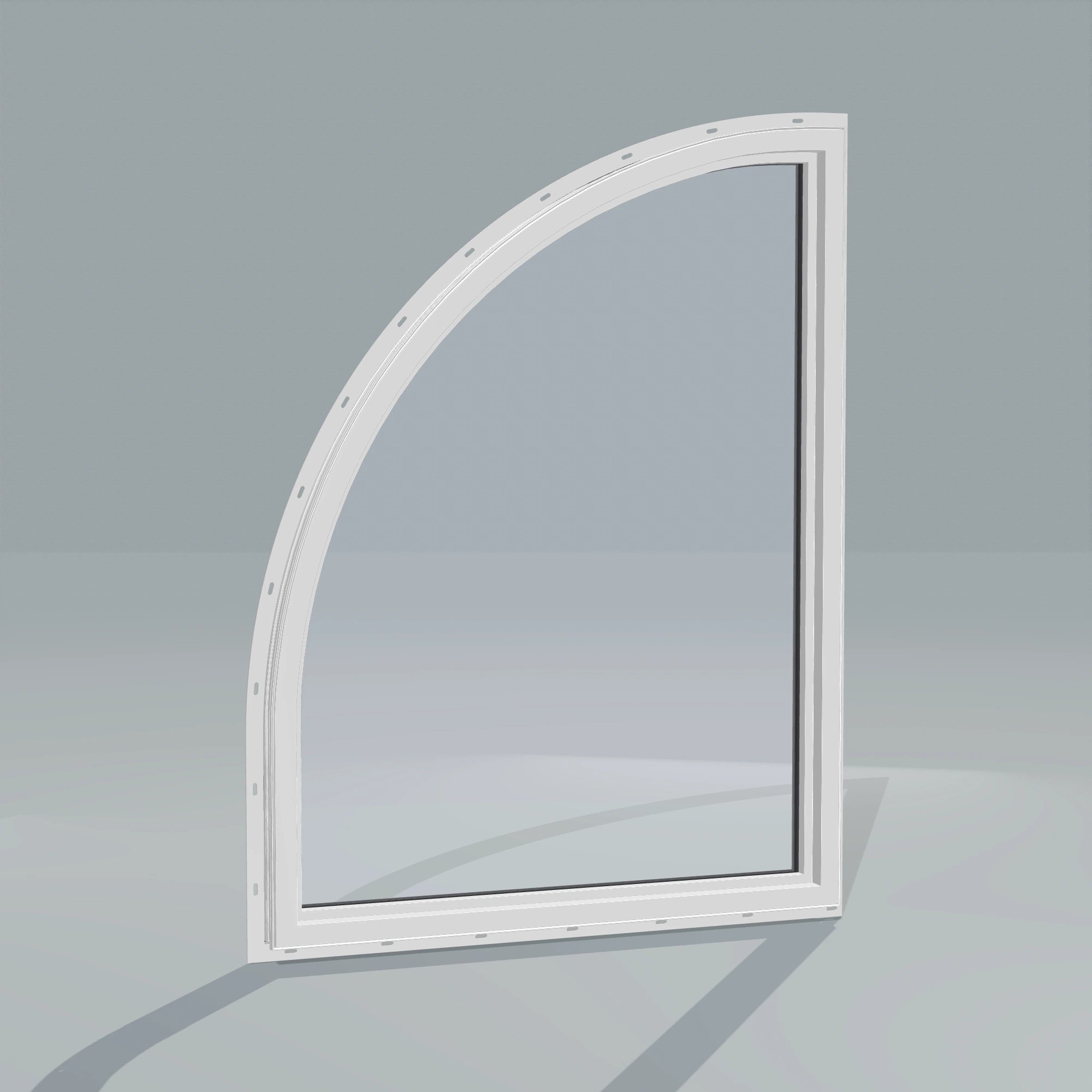 Angled interior view of the 36 × 48 inch raised quarter round (right), black exterior / white interior, with nailing flange