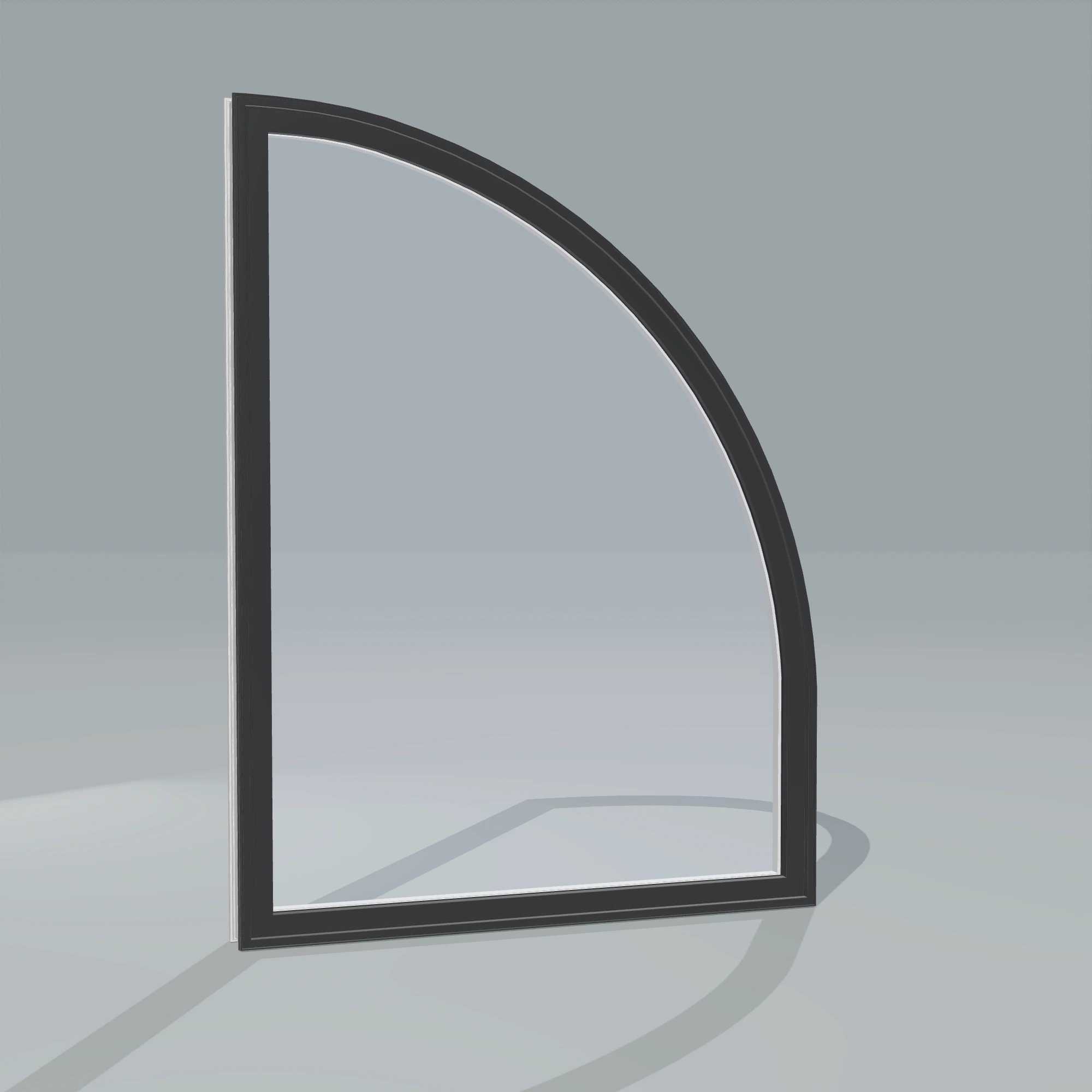 Angled exterior configurator view of the 36 × 48 inch raised quarter round (right), black exterior / white interior, without nailing flange