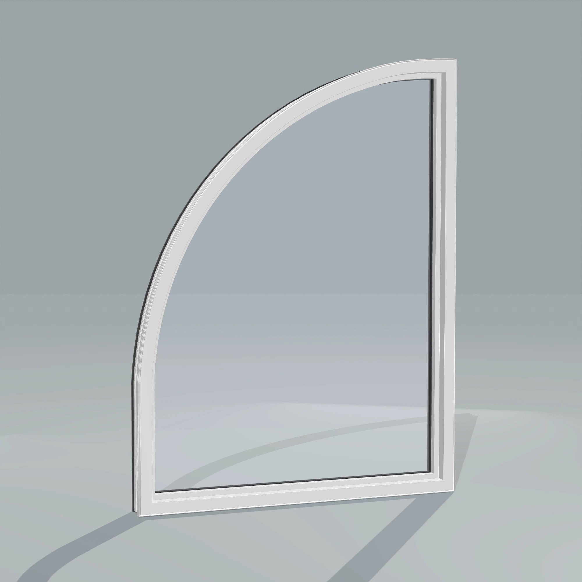 Angled interior view of the 36 × 48 inch raised quarter round (right), black exterior / white interior, without nailing flange