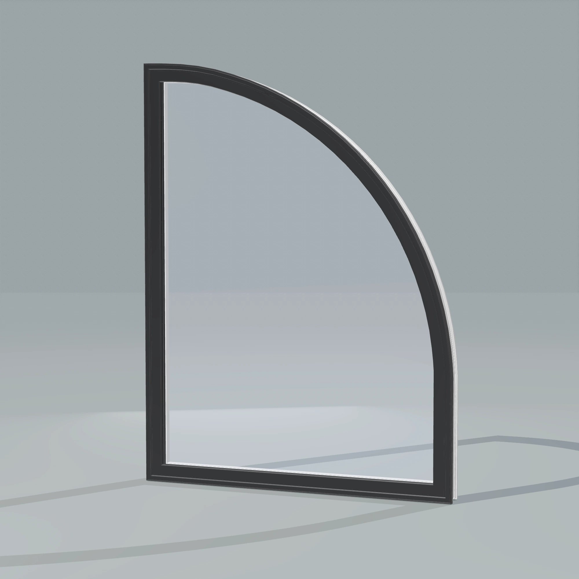 Opposite exterior angle of the 36 × 48 inch raised quarter round (right), black exterior / white interior, without nailing flange